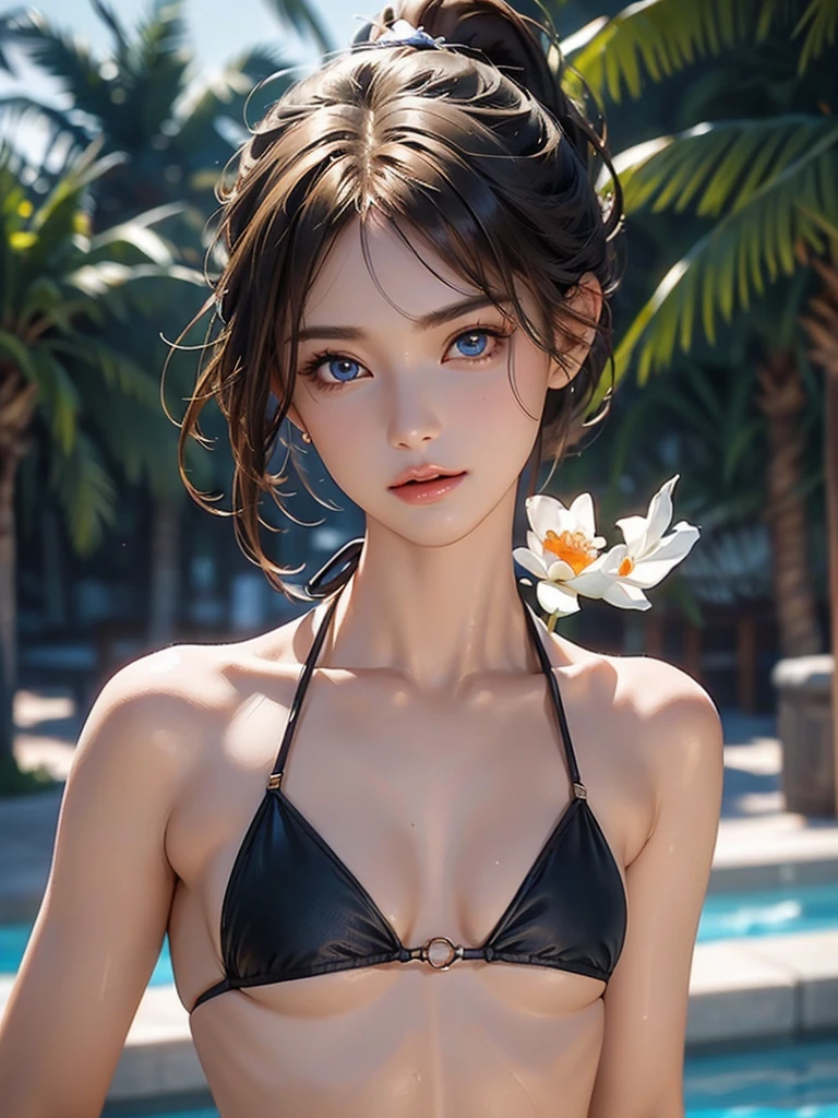 Tabletop, Highest quality, figure, Super detailed, In detail, High resolution, 8k wallpaper, Perfect dynamic composition, Beautiful attention to detail, Bikini, Medium chest,Please place your hand on your chest,Real