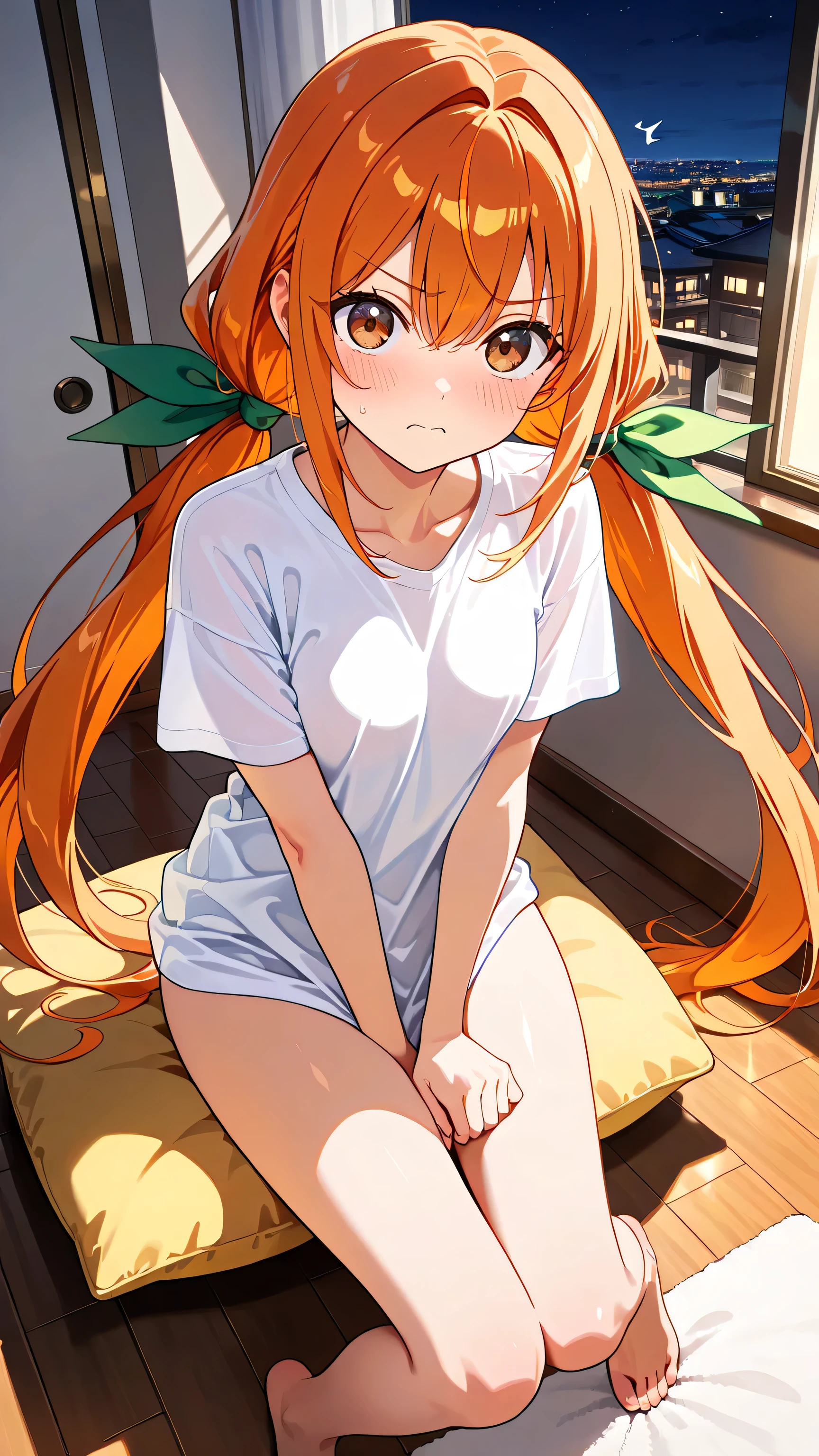 masterpiece,and up to the highest quality,High fines,very detailed,karane_inda, young woman, 22yo, brown eyes, orange hair, very long hair, low twintails, green ribbon, hair ribbon, small breasts standing alone on the balcony at night、full nude, (she is sitting on a cushion, white big t-shirt, 、、Beautiful thigh base ,Japanese-style room,、Awkward face, ,front in the sky、looks up,Cat lines,((is embarrassing目)),(tsundere) 、 surprised face、Full Body