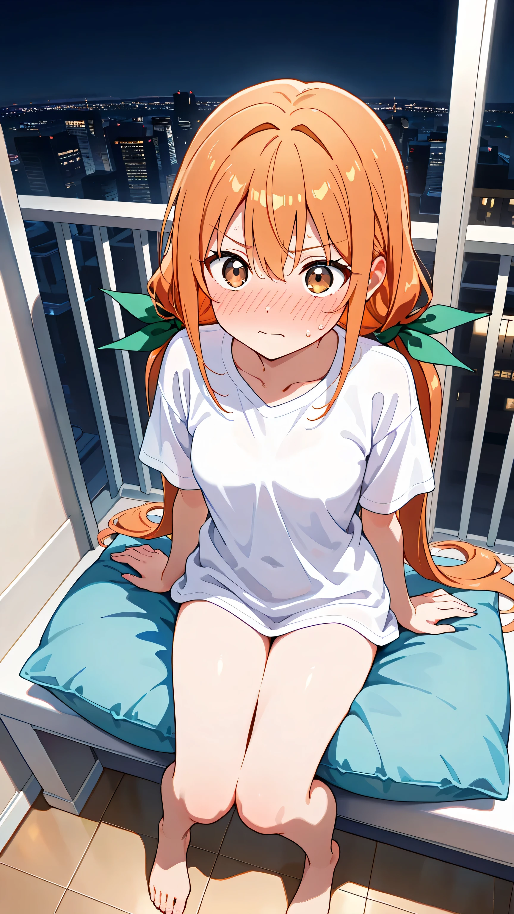 masterpiece,and up to the highest quality,High fines,very detailed,karane_inda, young woman, 22yo, brown eyes, orange hair, very long hair, low twintails, green ribbon, hair ribbon, small breasts standing alone on the balcony at night、full nude, (she is sitting on a cushion, white big t-shirt, 、、Beautiful thigh base ,Japanese-style room,、Awkward face, ,front in the sky、looks up,Cat lines,((is embarrassing目)),(tsundere) 、 surprised face、Full Body