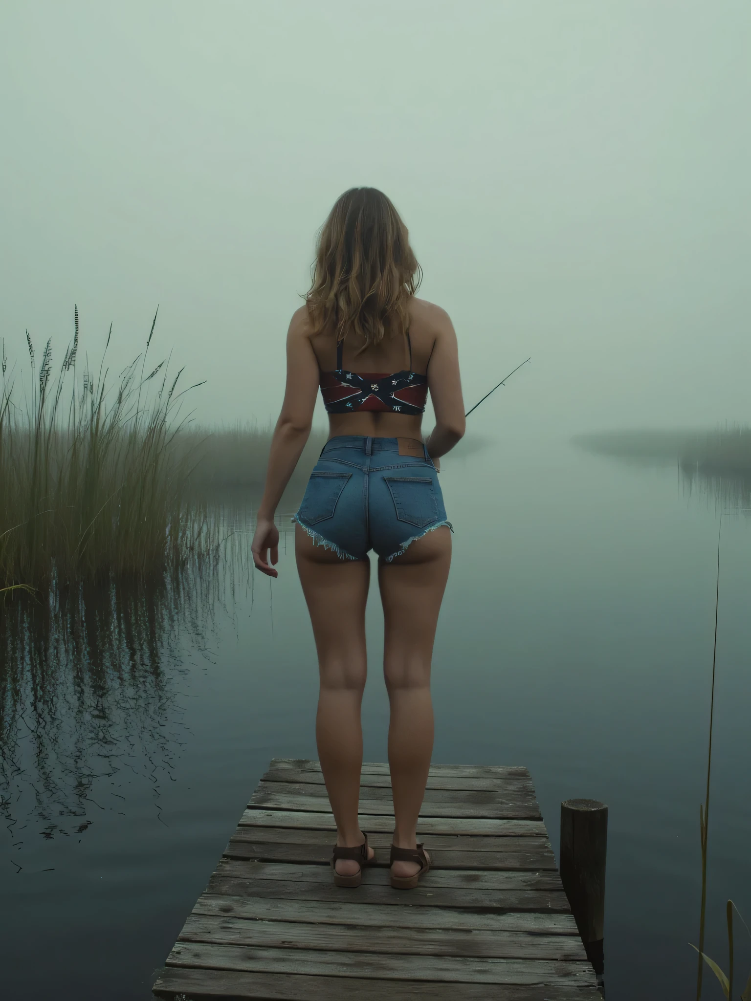 Ultra-realistic cinematic frame from an indie film: a beautiful woman with a naturally full, voluminous chest stands on an old wooden pier, fishing over a quiet swamp-side lagoon. The atmosphere is moody and grounded, with soft diffused lighting, muted color grading, and subtle grain typical of indie cinema. Light fog drifts across the water, tall reeds sway gently, and the environment feels raw and intimate. She wears frayed denim shorts and a bikini top with a stylized Confederate-flag pattern treated solely as a fashion print. The shot emphasizes natural textures—skin, fabric, wood, and mist—captured with shallow depth of field and a contemplative tone. She has a round ass.