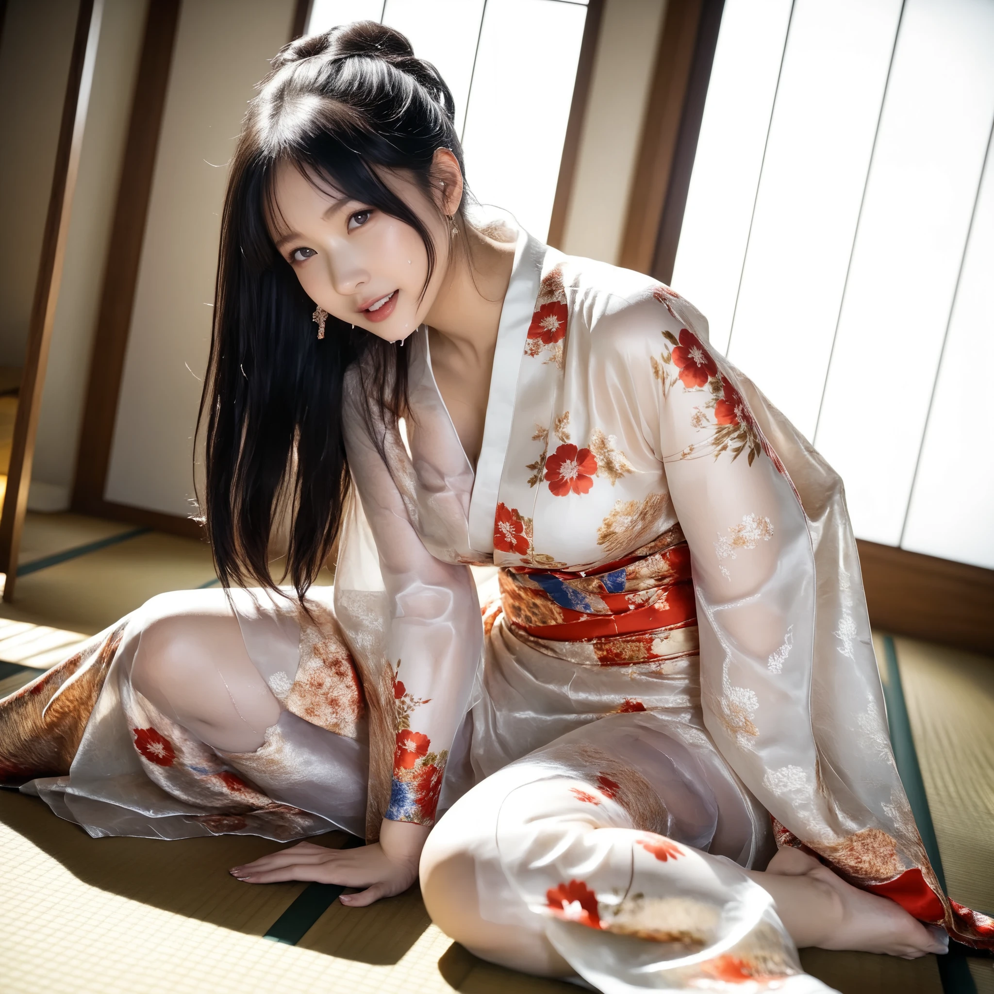 最High Quality 、High Quality 、 最high definition、high definition、8K quality、high image quality 、最High Quality、 masterpiece 、immersive video、 very realistic images of the floor at night 、Realistic Paintings、 perfect details 、 from out of view High contrast 、High Fidelity、 perfect pictures without blur、close to reality、 image faithfully reproduced down to the smallest detail、 EXQUISITE AND REALISTIC WEAPONS 、 Exquisite and realistic human skin 、 Realistic face in every detail、 realistic eyes with attention to detail 、 Realistic lips drawn with minimal detail 、 detailed and real teeth、Real Ears、 Realistic Hair 、((Japanese Model))、((gravure idol))、((Young face))、((black hair))、((medium rounded breasts))、((stylish body ))、(((Sweaty skin all over )))、((Wear a floral kimono made of transparent vinyl,Clear vinyl fits your skin perfectly))、((Wear a floral kimono made of transparent nylon,Clear nylon adheres perfectly to the skin))、((See your skin through a clear vinyl kimono))、((See your skin through a clear nylon kimono))、((Traditional Japanese room))、(((Sexy side seat on tatami mat in a Japanese-style room )))、(((Full Body Footage from Head to Toe,)))、(((look at her from a random angle)))