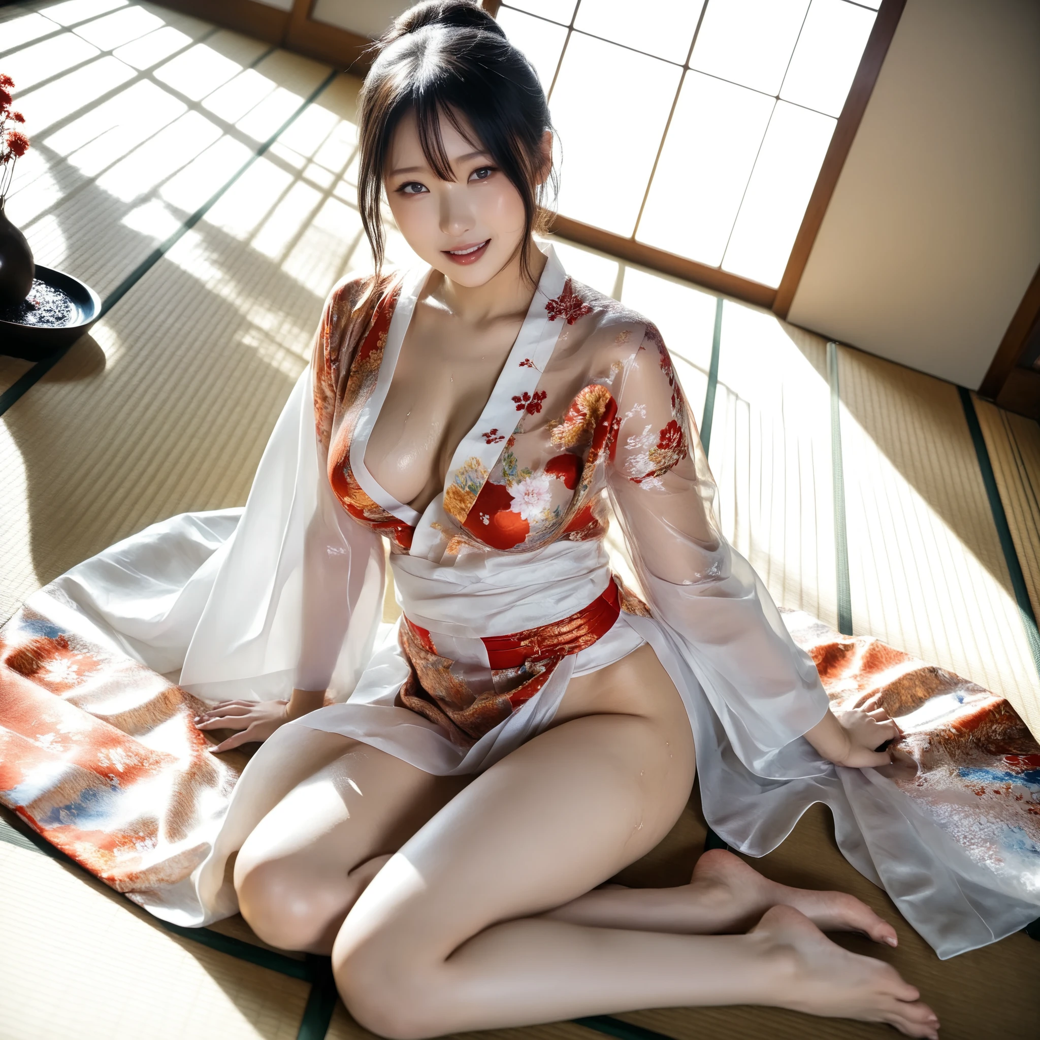 最High Quality 、High Quality 、 最high definition、high definition、8K quality、high image quality 、最High Quality、 masterpiece 、immersive video、 very realistic images of the floor at night 、Realistic Paintings、 perfect details 、 from out of view High contrast 、High Fidelity、 perfect pictures without blur、close to reality、 image faithfully reproduced down to the smallest detail、 EXQUISITE AND REALISTIC WEAPONS 、 Exquisite and realistic human skin 、 Realistic face in every detail、 realistic eyes with attention to detail 、 Realistic lips drawn with minimal detail 、 detailed and real teeth、Real Ears、 Realistic Hair 、((Japanese Model))、((gravure idol))、((Young face))、((black hair))、((medium rounded breasts))、((stylish body ))、(((Sweaty skin all over )))、((Wear a floral kimono made of transparent vinyl,Clear vinyl fits your skin perfectly))、((Wear a floral kimono made of transparent nylon,Clear nylon adheres perfectly to the skin))、((See your skin through a clear vinyl kimono))、((See your skin through a clear nylon kimono))、((Traditional Japanese room))、(((Sexy side seat on tatami mat in a Japanese-style room )))、(((Full Body Footage from Head to Toe,)))、(((look at her from a random angle)))