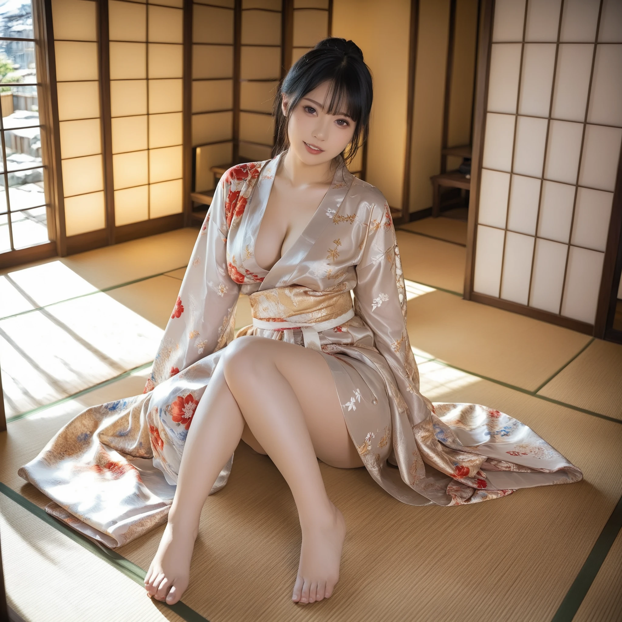 最High Quality 、High Quality 、 最high definition、high definition、8K quality、high image quality 、最High Quality、 masterpiece 、immersive video、 very realistic images of the floor at night 、Realistic Paintings、 perfect details 、 from out of view High contrast 、High Fidelity、 perfect pictures without blur、close to reality、 image faithfully reproduced down to the smallest detail、 EXQUISITE AND REALISTIC WEAPONS 、 Exquisite and realistic human skin 、 Realistic face in every detail、 realistic eyes with attention to detail 、 Realistic lips drawn with minimal detail 、 detailed and real teeth、Real Ears、 Realistic Hair 、((Japanese Model))､((gravure idol))、((Young face))、((black hair))、((medium rounded breasts))、((stylish body ))、(((Sweaty skin all over )))、((Wear a floral kimono made of transparent vinyl,Clear vinyl fits your skin perfectly))、((Wear a floral kimono made of transparent nylon,Clear nylon adheres perfectly to the skin))、((See your skin through a clear vinyl kimono))、((See your skin through a clear nylon kimono))、((Traditional Japanese room))、(((Sexy side seat on tatami mat in a Japanese-style room )))､(((Full Body Footage from Head to Toe,)))､(((look at her from a random angle)))