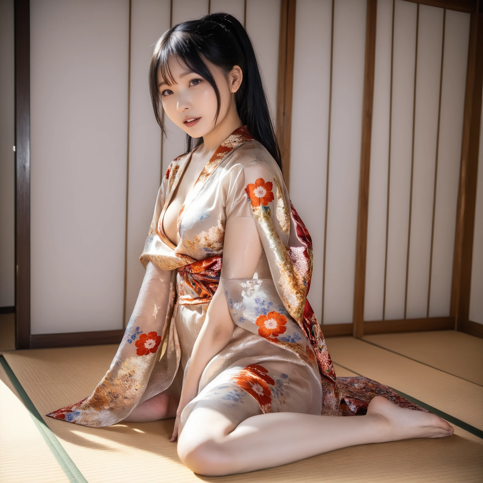 最High Quality 、High Quality 、 最high definition、high definition、8K quality、high image quality 、最High Quality、 masterpiece 、immersive video、 very realistic images of the floor at night 、Realistic Paintings、 perfect details 、 from out of view High contrast 、High Fidelity、 perfect pictures without blur、close to reality、 image faithfully reproduced down to the smallest detail、 EXQUISITE AND REALISTIC WEAPONS 、 Exquisite and realistic human skin 、 Realistic face in every detail、 realistic eyes with attention to detail 、 Realistic lips drawn with minimal detail 、 detailed and real teeth、Real Ears、 Realistic Hair 、((Japanese Model))、((gravure idol))、((Young face))、((black hair))、((medium rounded breasts))、((stylish body ))、(((Sweaty skin all over )))、((Wear a floral kimono made of transparent vinyl,Clear vinyl fits your skin perfectly))、((Wear a floral kimono made of transparent nylon,Clear nylon adheres perfectly to the skin))、((See your skin through a clear vinyl kimono))、((See your skin through a clear nylon kimono))、((Traditional Japanese room))、(((Sexy side seat on tatami mat in a Japanese-style room )))、(((Full Body Footage from Head to Toe,)))、(((look at her from a random angle)))