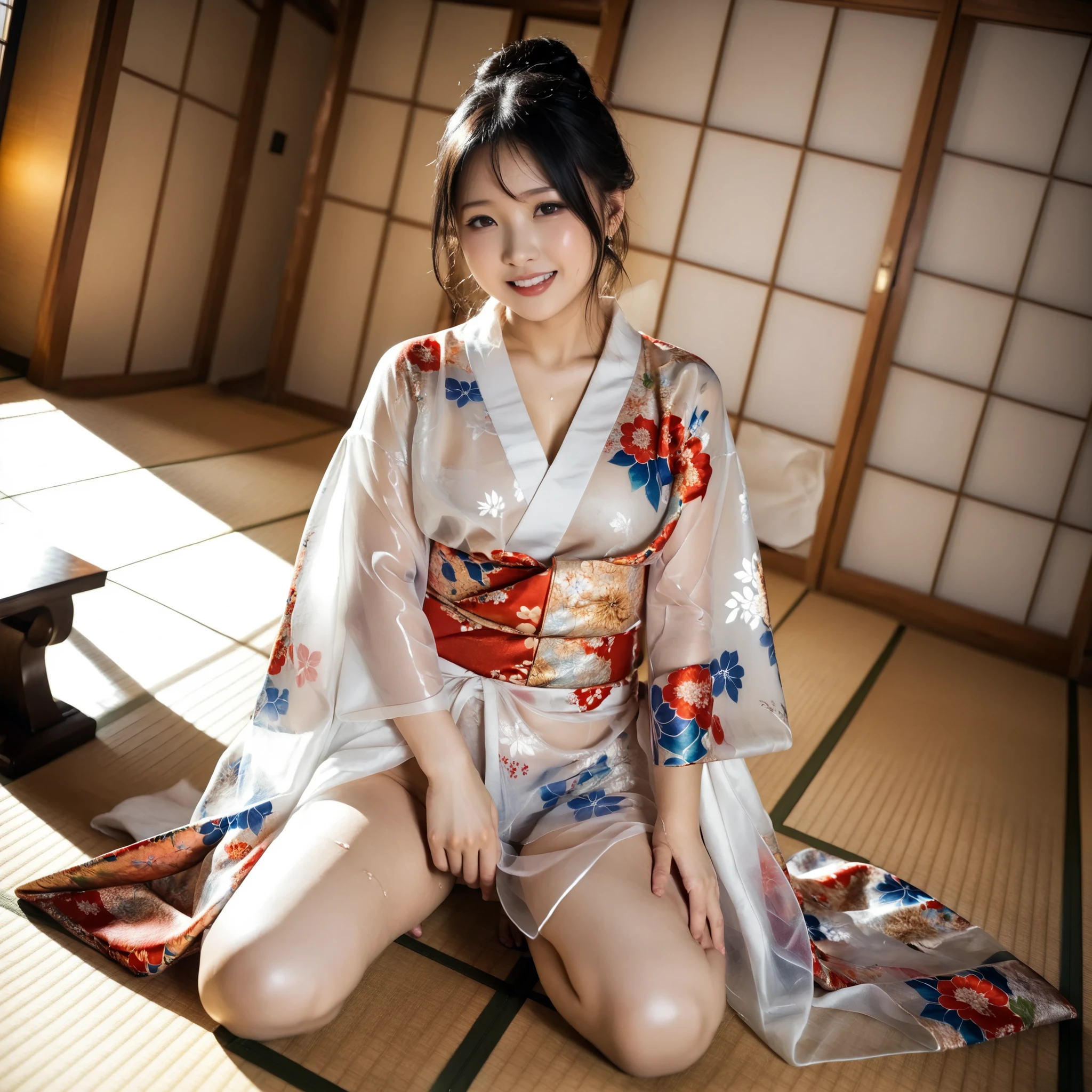 最High Quality 、High Quality 、 最high definition、high definition、8K quality、high image quality 、最High Quality、 masterpiece 、immersive video、 very realistic images of the floor at night 、Realistic Paintings、 perfect details 、 from out of view High contrast 、High Fidelity、 perfect pictures without blur、close to reality、 image faithfully reproduced down to the smallest detail、 EXQUISITE AND REALISTIC WEAPONS 、 Exquisite and realistic human skin 、 Realistic face in every detail、 realistic eyes with attention to detail 、 Realistic lips drawn with minimal detail 、 detailed and real teeth、Real Ears、 Realistic Hair 、((Japanese Model))､((gravure idol))、((Young face))、((black hair))、((medium rounded breasts))、((stylish body ))、(((Sweaty skin all over )))、((Wear a floral kimono made of transparent vinyl,Clear vinyl fits your skin perfectly))、((Wear a floral kimono made of transparent nylon,Clear nylon adheres perfectly to the skin))、((See your skin through a clear vinyl kimono))、((See your skin through a clear nylon kimono))、((Traditional Japanese room))、(((Sexy side seat on tatami mat in a Japanese-style room )))､(((Full Body Footage from Head to Toe,)))､(((look at her from a random angle)))