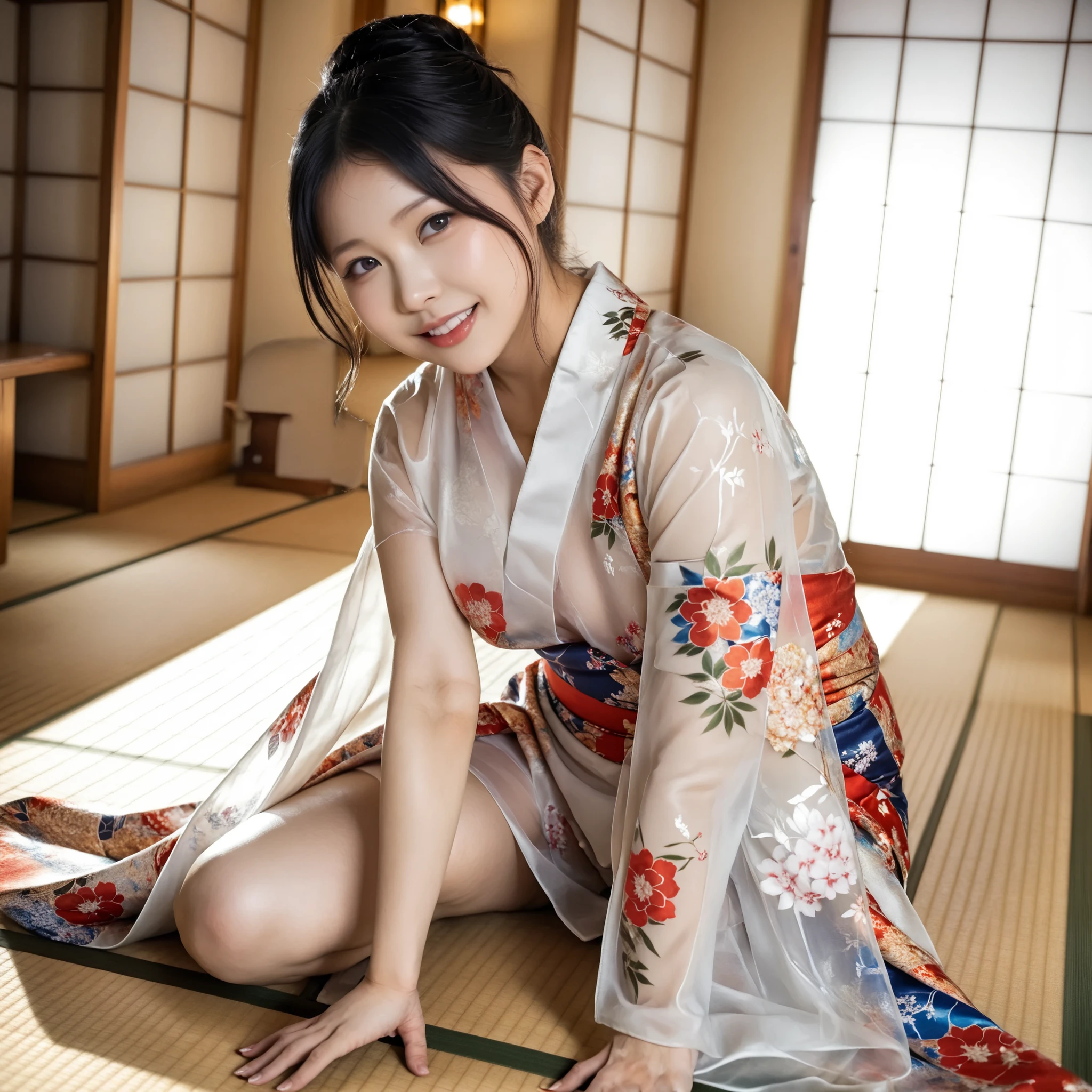 最High Quality 、High Quality 、 最high definition、high definition、8K quality、high image quality 、最High Quality、 masterpiece 、immersive video、 very realistic images of the floor at night 、Realistic Paintings、 perfect details 、 from out of view High contrast 、High Fidelity、 perfect pictures without blur、close to reality、 image faithfully reproduced down to the smallest detail、 EXQUISITE AND REALISTIC WEAPONS 、 Exquisite and realistic human skin 、 Realistic face in every detail、 realistic eyes with attention to detail 、 Realistic lips drawn with minimal detail 、 detailed and real teeth、Real Ears、 Realistic Hair 、((Japanese Model))､((gravure idol))、((Young face))、((black hair))、((medium rounded breasts))、((stylish body ))、(((Sweaty skin all over )))、((Wear a floral kimono made of transparent vinyl,Clear vinyl fits your skin perfectly))、((Wear a floral kimono made of transparent nylon,Clear nylon adheres perfectly to the skin))、((See your skin through a clear vinyl kimono))、((See your skin through a clear nylon kimono))、((Traditional Japanese room))、(((Sexy side seat on tatami mat in a Japanese-style room )))､(((Full Body Footage from Head to Toe,)))､(((look at her from a random angle)))