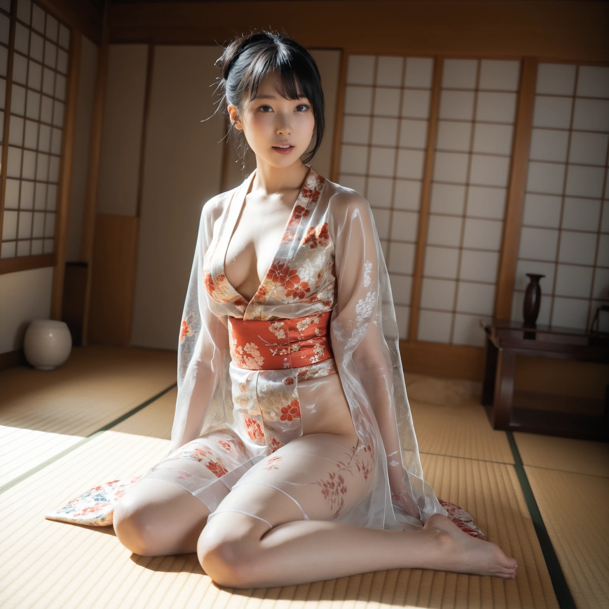 最High Quality 、High Quality 、 最high definition、high definition、8K quality、high image quality 、最High Quality、 masterpiece 、immersive video、 very realistic images of the floor at night 、Realistic Paintings、 perfect details 、 from out of view High contrast 、High Fidelity、 perfect pictures without blur、close to reality、 image faithfully reproduced down to the smallest detail、 EXQUISITE AND REALISTIC WEAPONS 、 Exquisite and realistic human skin 、 Realistic face in every detail、 realistic eyes with attention to detail 、 Realistic lips drawn with minimal detail 、 detailed and real teeth、Real Ears、 Realistic Hair 、((Japanese Model))、((gravure idol))、((Young face))、((black hair))、((medium rounded breasts))、((stylish body ))、(((Sweaty skin all over )))、((Wear a floral kimono made of transparent vinyl,Clear vinyl fits your skin perfectly))、((Wear a floral kimono made of transparent nylon,Clear nylon adheres perfectly to the skin))、((See your skin through a clear vinyl kimono))、((See your skin through a clear nylon kimono))、((Traditional Japanese room))、(((Sexy side seat on tatami mat in a Japanese-style room )))、(((Full Body Footage from Head to Toe,)))、(((look at her from a random angle)))