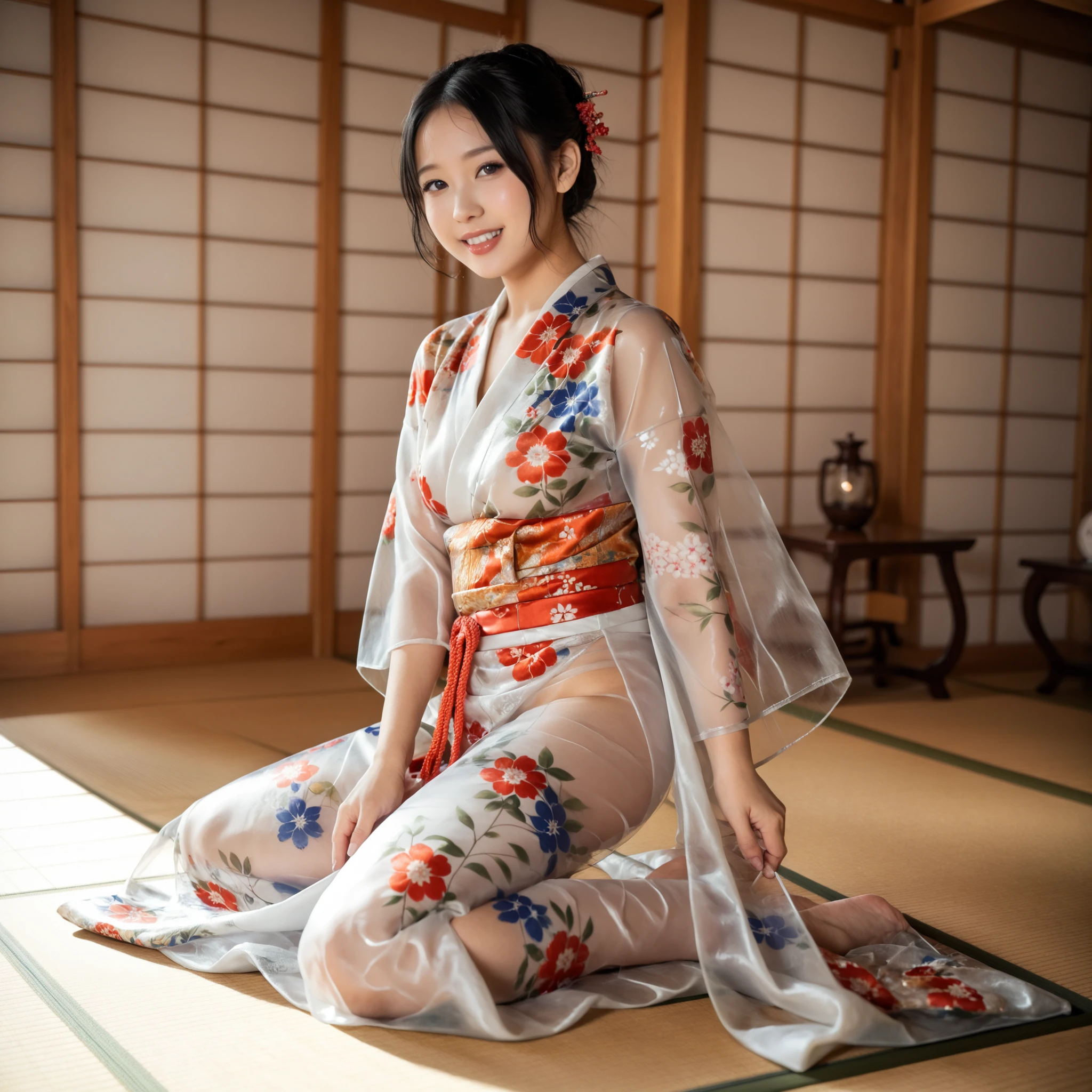 最High Quality 、High Quality 、 最high definition、high definition、8K quality、high image quality 、最High Quality、 masterpiece 、immersive video、 very realistic images of the floor at night 、Realistic Paintings、 perfect details 、 from out of view High contrast 、High Fidelity、 perfect pictures without blur、close to reality、 image faithfully reproduced down to the smallest detail、 EXQUISITE AND REALISTIC WEAPONS 、 Exquisite and realistic human skin 、 Realistic face in every detail、 realistic eyes with attention to detail 、 Realistic lips drawn with minimal detail 、 detailed and real teeth、Real Ears、 Realistic Hair 、((Japanese Model))､((gravure idol))、((Young face))、((black hair))、((medium rounded breasts))、((stylish body ))、(((Sweaty skin all over )))、((Wear a floral kimono made of transparent vinyl,Clear vinyl fits your skin perfectly))、((Wear a floral kimono made of transparent nylon,Clear nylon adheres perfectly to the skin))、((See your skin through a clear vinyl kimono))、((See your skin through a clear nylon kimono))、((Traditional Japanese room))、(((Sexy side seat on tatami mat in a Japanese-style room )))､(((Full Body Footage from Head to Toe,)))､(((look at her from a random angle)))