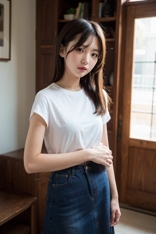 4k, high-res, best quality, (Korean idol), finely detailed skin, smooth face, sharp focus, (cinematic lighting), soft lighting, dynamic angle, [:(detailed face:1.2):0.3], A young Korean woman  relaxes at home in casual jeans and a T-shirt.