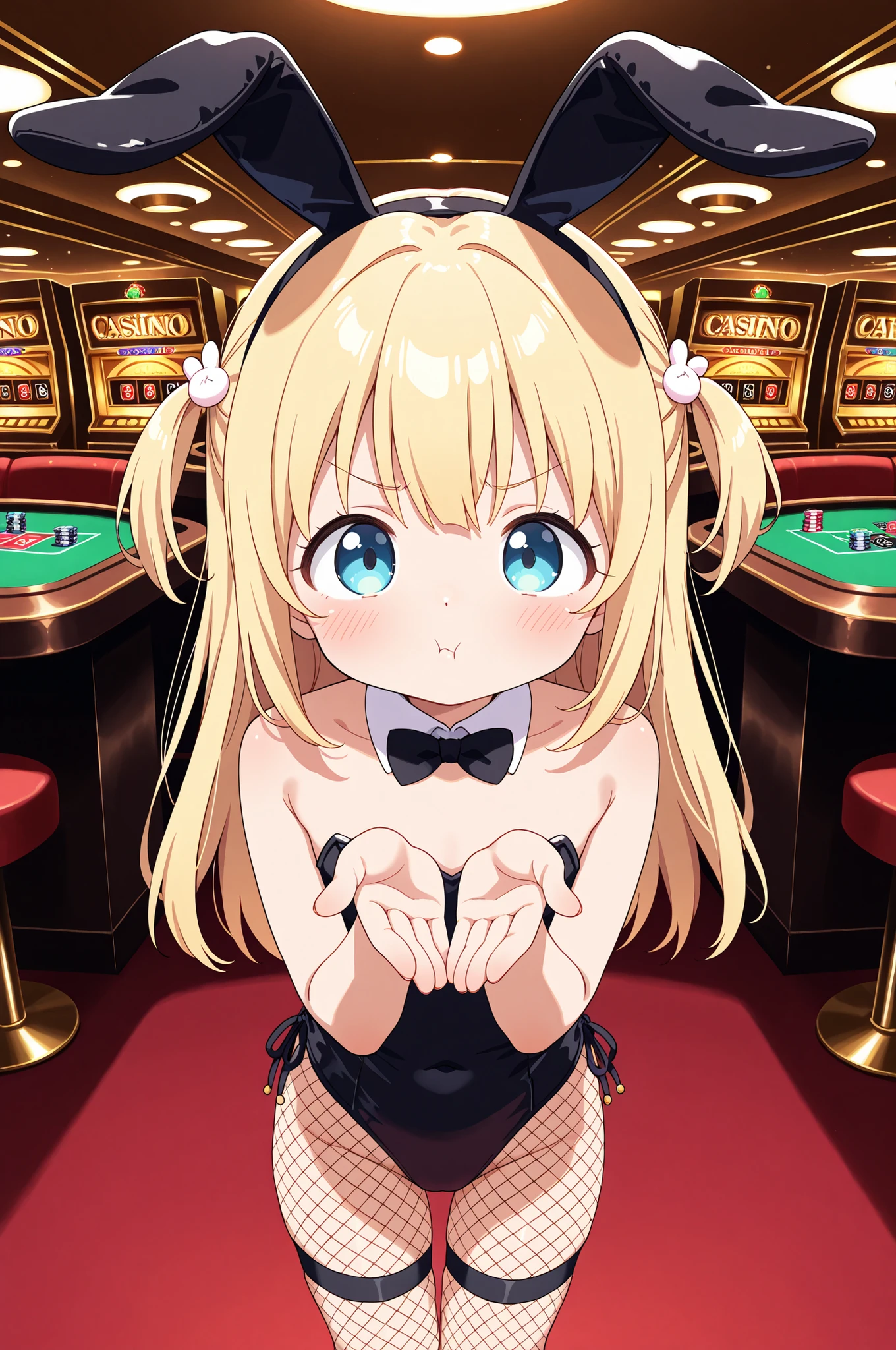 loli, pouty lips, Playboy bunny, fishnet stockings, casino, alone, (She's blowing kisses to the viewer with her hands, Making a pout to send kisses)