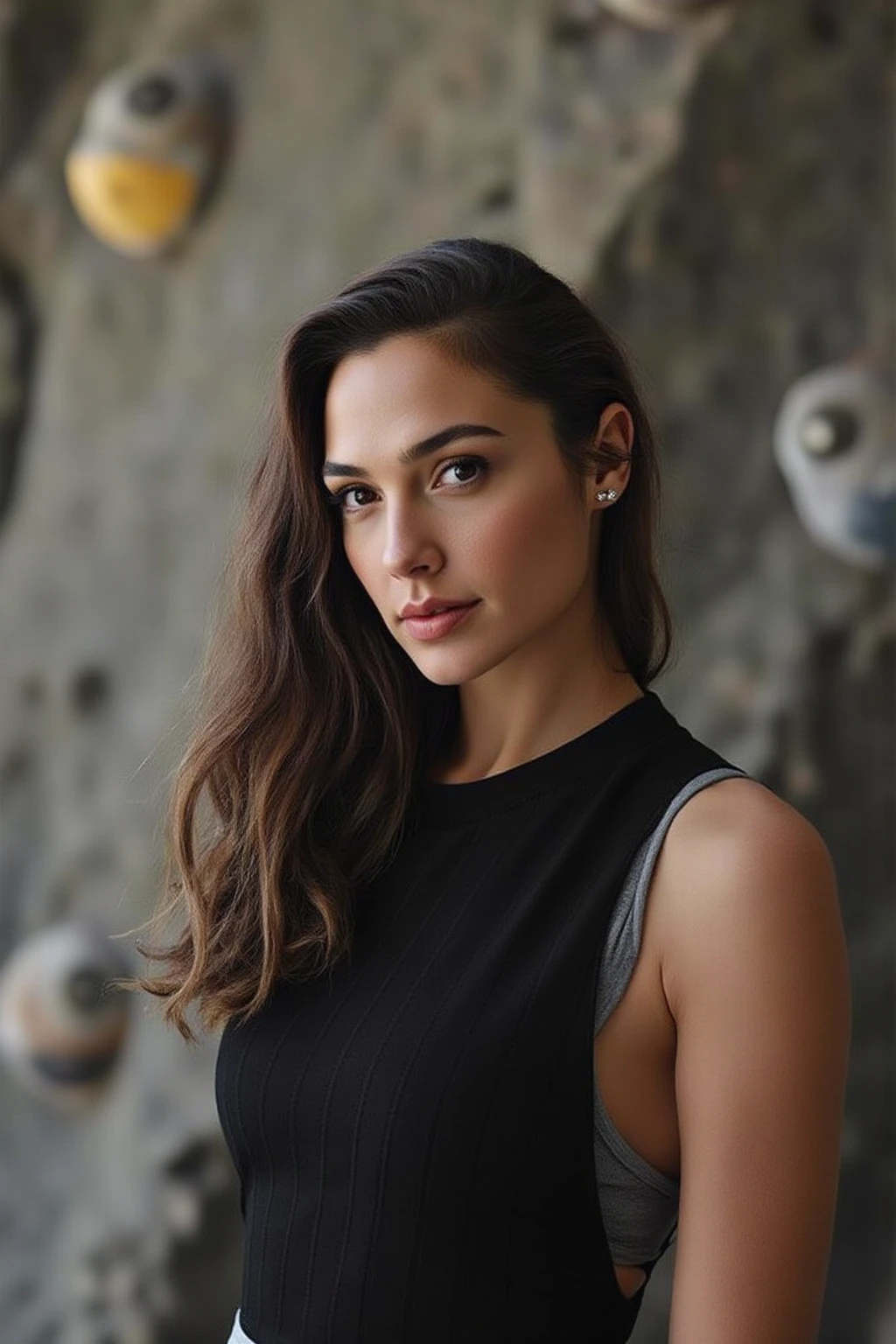 high quality   shot of GalGadot , cute smile, movie  still , she is wearing a   sweaty tank top , extremely wet hair ,standing , tanned skin , tight breast,   , abs on belly, strong fit arms,  , celebrity, female,  woman, hollywood actress, random angle,  angles, random move, random action ,huge chest, deep cleavage ,, tired woman, slight smile , fit muscular woman  ,  depth of field, insanely detailed skin texture, hyper detailed features 