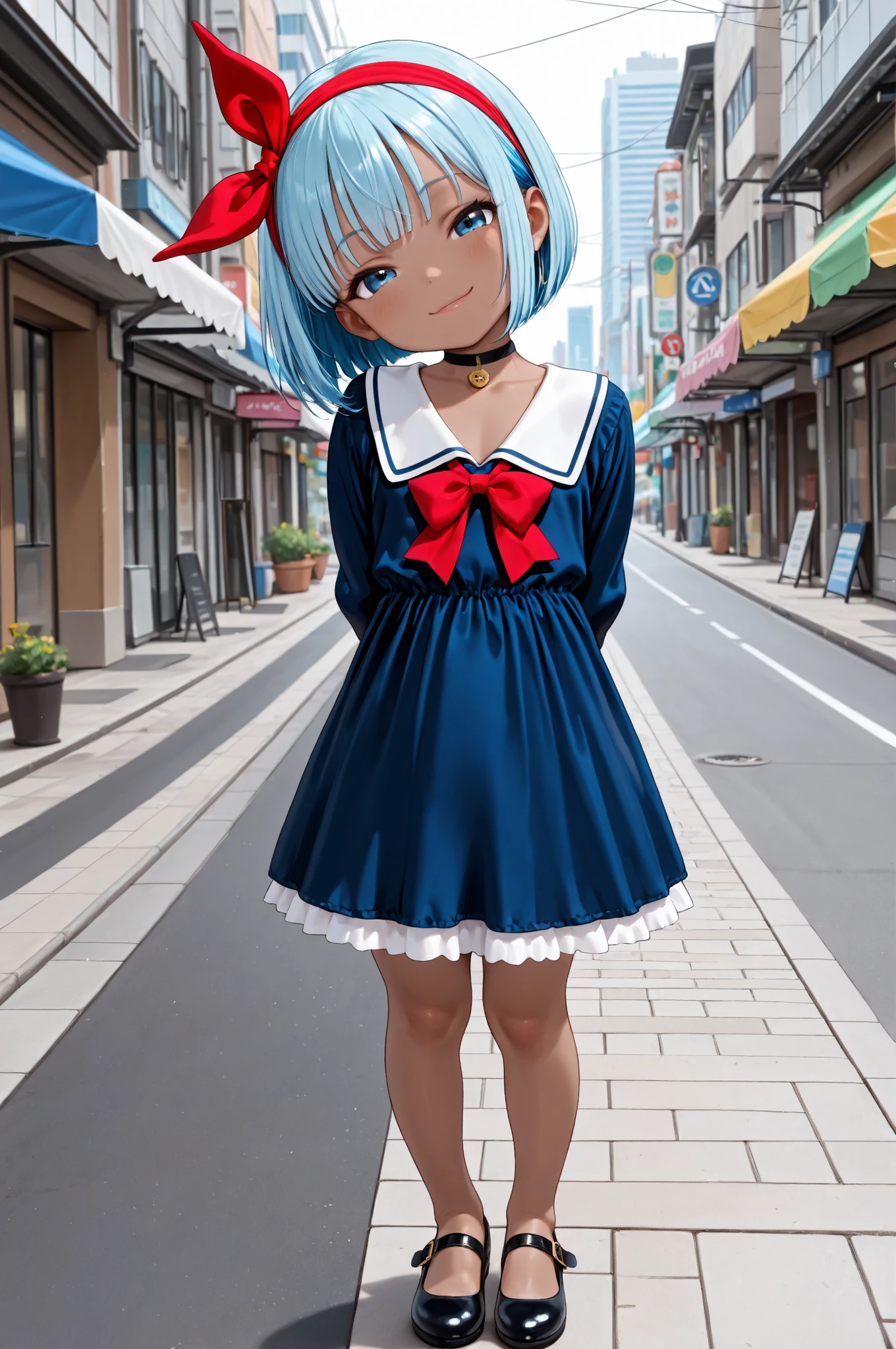 fille d'influence dans une rue ensoleillée, cheveux noirs, grands yeux bleus, débardeur bleu moulant, micro jupe bleue, chaussures bleues, Tour de cou bleu,on voit son petit cul