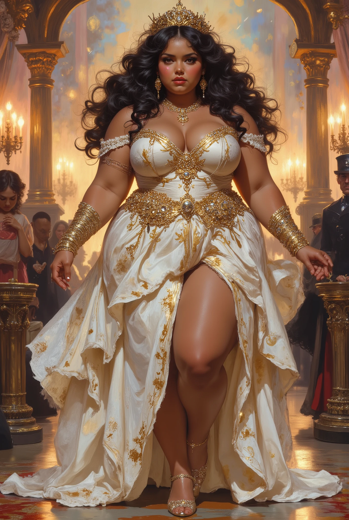fat big large overweight heavy feminine beautiful young woman with chubby face dark brown tan tanned skin color and black eyes, (((long black curly side-parted hair))), (((black hair))), (((brown skin))), (((brown-skinned))), (((dark brown skin))), (((brown skin complexion))), (((dark brown complexion))), (((dark skin))), (((dark skinned))), (((chubby face))), (((chubby cheeks))), (((fat face))), (((round face))), (((broad face))), (((wide face))), (((chubby fat body))), (((plus size body))), (((overweight body))) (((small , small ))), (((short neck))), (((wearing white and gold burlesque show outfit with shiny jewelry and high heels))), (((standing on a stage with a feminine pose))), (((black eyes))), (((dark brown eyes))), (((dark eyes))), dynamic lighting, rosy lips, (((closed mouth))), (((closed lips))), full lips, (((big lips))), (((big round nose))) neutral expression, detailed clothes, ornate design, (((upper body portrait))), full body picture, looking at viewer, facing viewer, (((realistic))), highly detailed, masterpiece, absurdres, hq, 4k, 1girl, solo, wide hips,Attractive, (ultra realistic), thick outlines, drawn, bright colors, detailed eyes, detailed hands, digital oil painting art style, Detailed face, attractive, dynamic pose, HD, good quality