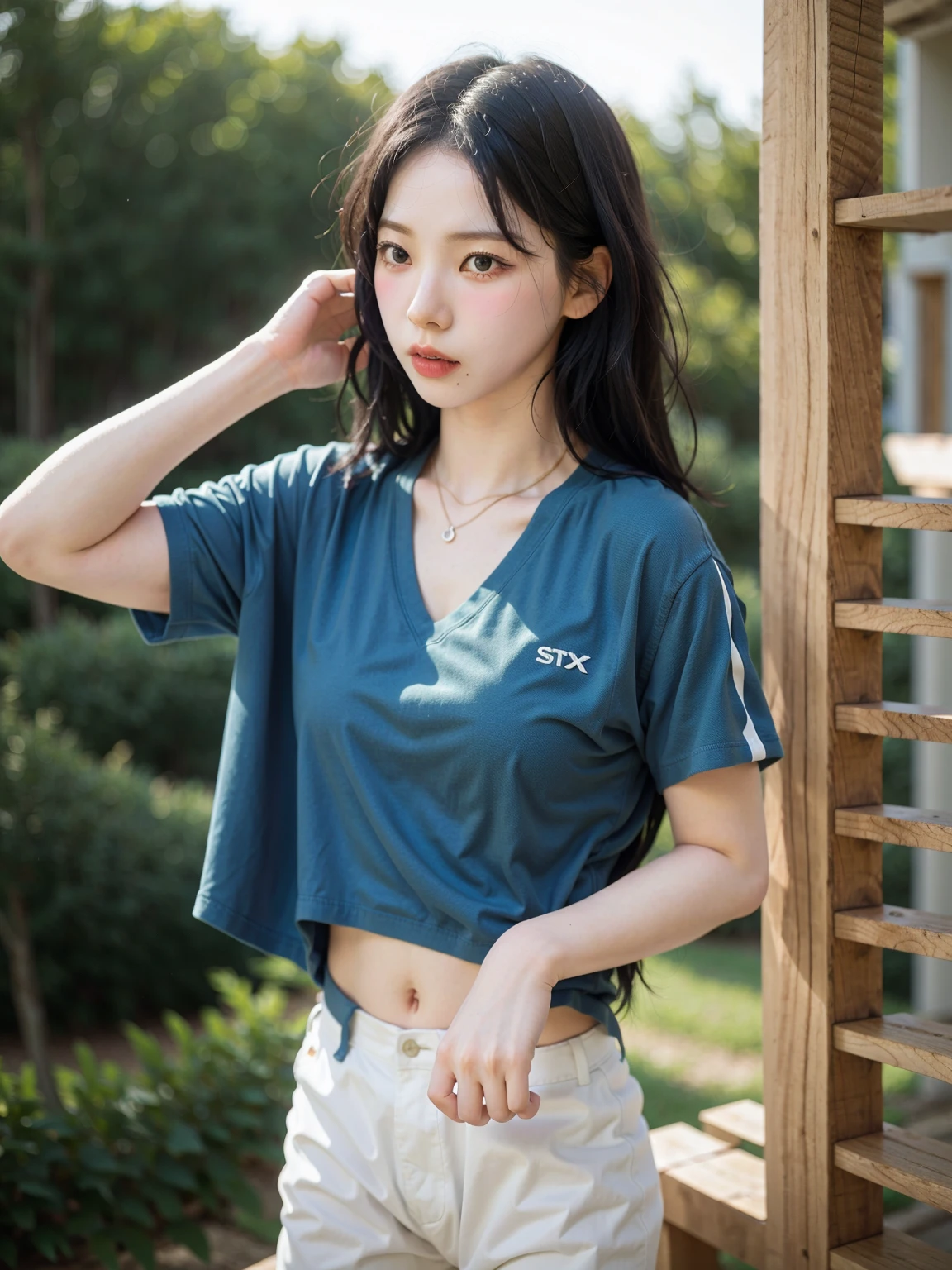 ((Pictures showing 、Hands roll up shirt、She is wearing a navy polo shirt and luxurious white .、:1.4))、Navy blue polo shirt and white 、Outdoor shots、Cream hair color、Her huge breasts are obvious even through her clothes..、Small earrings、Light brown hair color、:1.4））、Shiny Hair、Light beige hair color、Background Blur、Light brown hair、｛｛Cowgirl Shot｝｝、（（Close-up shot from the waist up、Big Breasts:1.4））、Big Breasts、にっこりsmile、服からでも分かるBig Breasts、Cowboy Shot、素敵なsmile、（（Revealing clothing））、Full body photo、ring、Tuck your hair behind one ear、Silver Necklace、smile、Caustics、Highly detailed photos、Big Breasts、Super no makeup、(8K、RAW Photos、Highest quality、masterpiece:1.2)、(Realistic、Realistic)、1 Girl、((Big Breastsショートヘア、Looking into the camera:1.4))、Hair blowing in the wind
