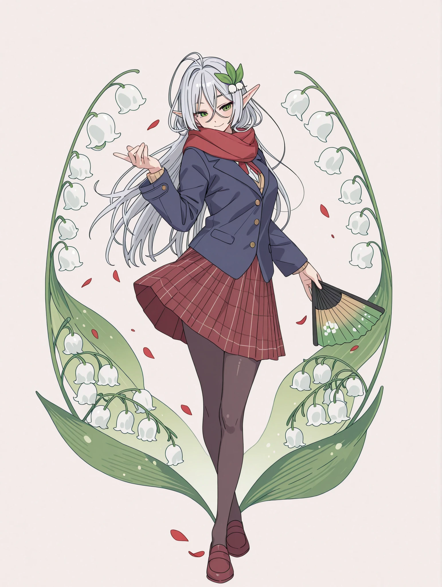 1girl, full body,
White Silver long hair, antenna hair, (シルフィエットスクール:0.8)
White Elf,red scarf,pantyhose,dark red plaid skirt,blazer,pea coat,Dancing with a green folding fan,
A hair ornament featuring petals with slightly curled edges, resembling lily of the valley flowers,
Delicate yet strong-willed, with a gentle and kind-hearted aura.