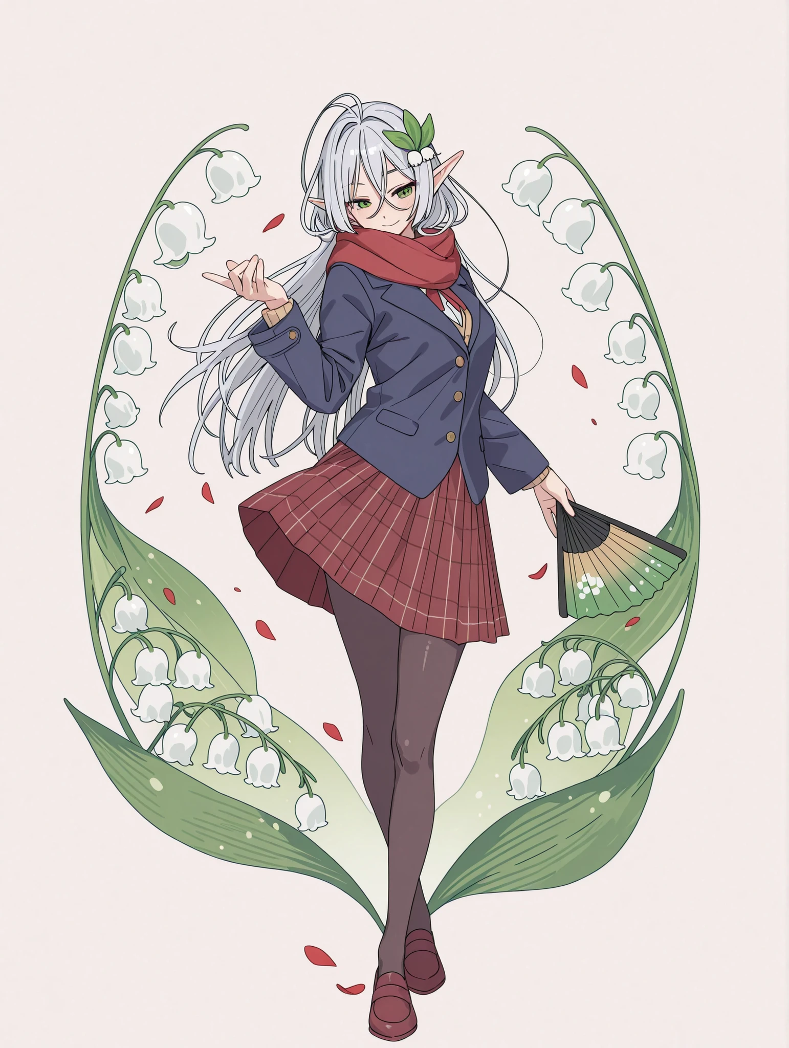 1girl, full body,
White Silver long hair, antenna hair, (シルフィエットスクール:0.8)
White Elf,red scarf,pantyhose,dark red plaid skirt,blazer,pea coat,Dancing with a green folding fan,
A hair ornament featuring petals with slightly curled edges, resembling lily of the valley flowers,
Delicate yet strong-willed, with a gentle and kind-hearted aura.