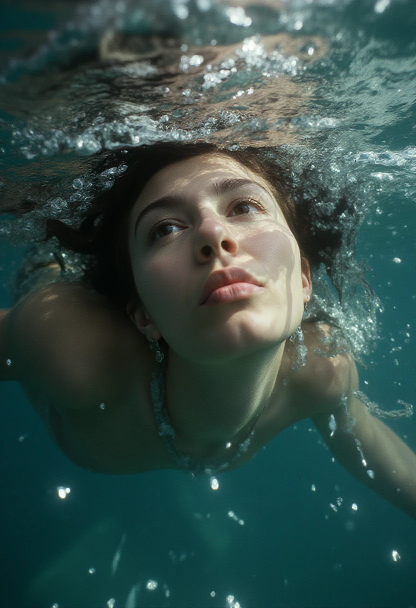 beautiful ???? woman underwater hyper realistic, 8k, detailed, looking up. 