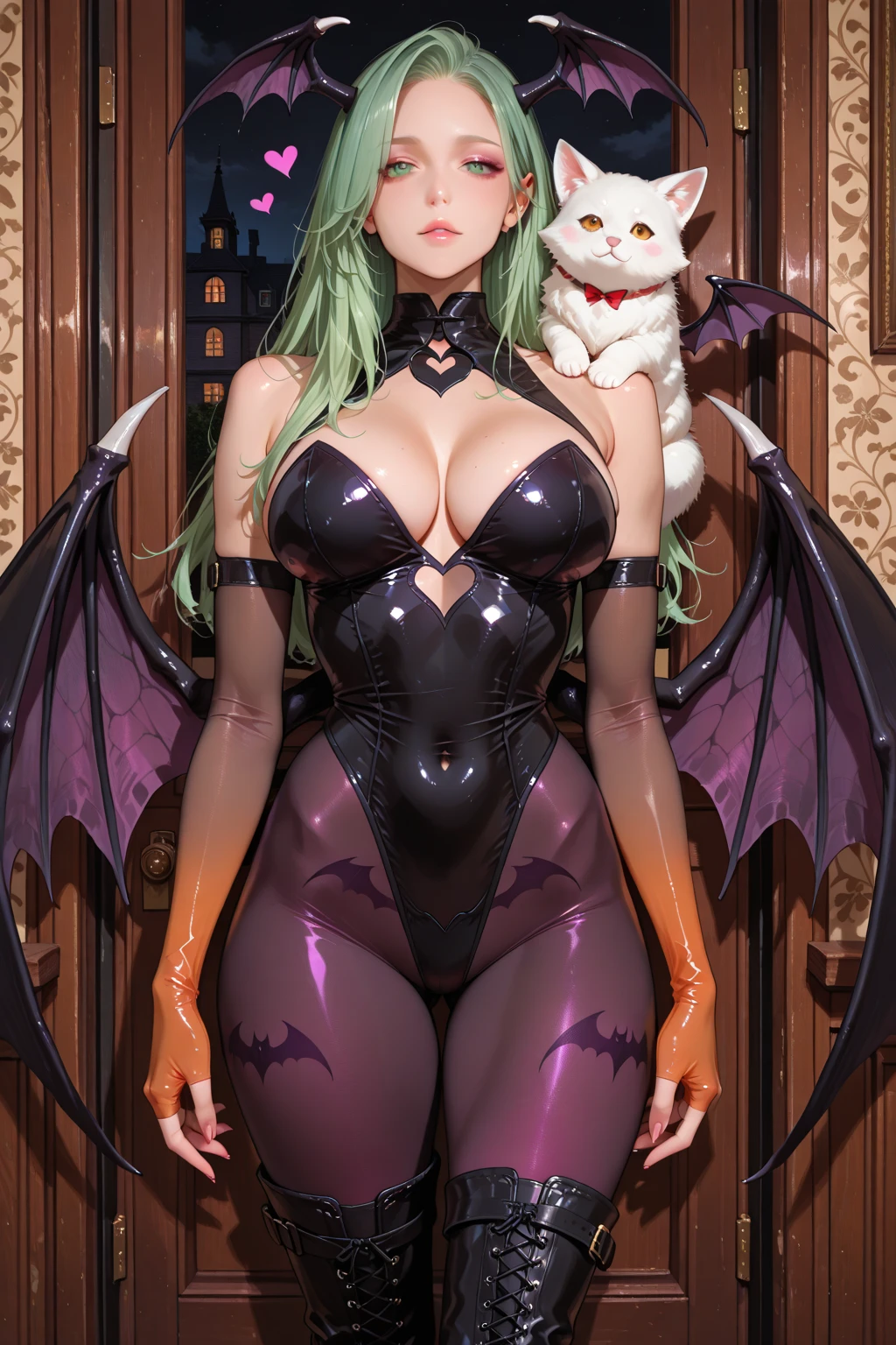 1womanl, Female Devil、A 、爆乳、Navel Ejection、green colored hair、cleavage of the breast、Purple leotard、Voluptuous body、Big ass、huge tit、Beautiful butt、Maternal look、Hostess、 (((Huge breasts))), Smiling, immense blush, Sexy, , Reptile long tail、Huge mouth at the tip of the tail、high socks、Goat horns on the head、Bat's wings、Horrible smile、The background is the Palace of Darkness、Blur background、