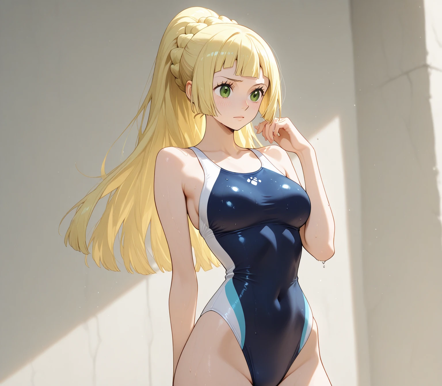 (Absurdres, master piece, best high quality image, very detailed features, very detailed textures, carefuly detailed with no deformed parts in all the artwork), only solo character, full body desing, standing alone.
A 40 years old beautiful woman, she has fair skin, blue eyes, yellow blonde golden long hair tied in a high ponytail with a long crimson ribbon, voluptuous figure, ???????????, (she wears: ligh blue one-piece swimsuit), serious calm expression, she walks relaxed around the palace pool.