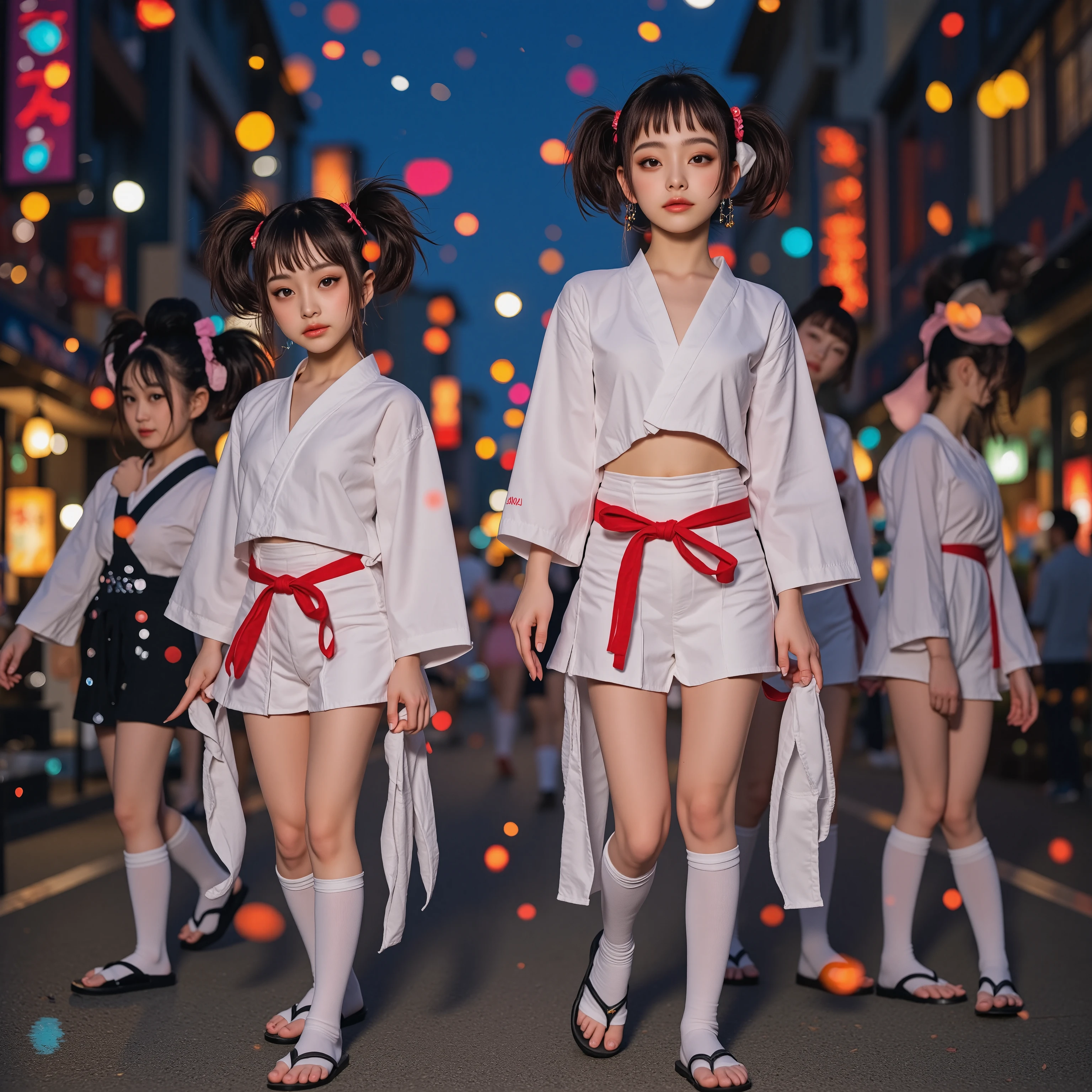 Exposed Nudie Cleavage, 8K UltraDetailed Live-Action, ExtremelyDetailed Professional Photography of KAWAII FUNDOSHI Girls at HAKATA GION YAMAKASA, (Backwards:0.582) FullBody from below, MagicHour Miracle, Ethereal and Haunting, [Numerous Colorful Light Particles], Super-Detailed Textures,   White Loincloth made by twisting white cloth (((ClearlyVisible Shapely Butt))), White KARATE-Jacket and Red OBI-Belt, Zouri, Chignon, Flowers, LifeLikeRendering, Acutance, Detailed NOGIZAKA Face variations, Exterm Angle