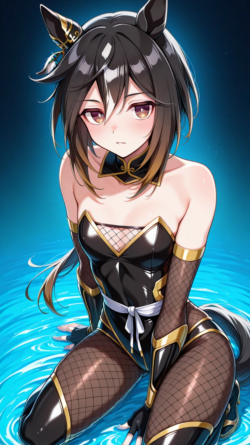 score_9, score_8_up, score_7_up, source_anime, Idealized Forms, Natural Light, details background, blurry background, extremely detailed,cartoons girl are standing wearing a futuristic outfit, 1girl,, visible through thighs,,covered navel,,hatsushimo(kancolle),brown eyes,(left(white)right(blue))headband,(black)long hair,(low-tied)hair,(black)hair,small ,(petite), in 