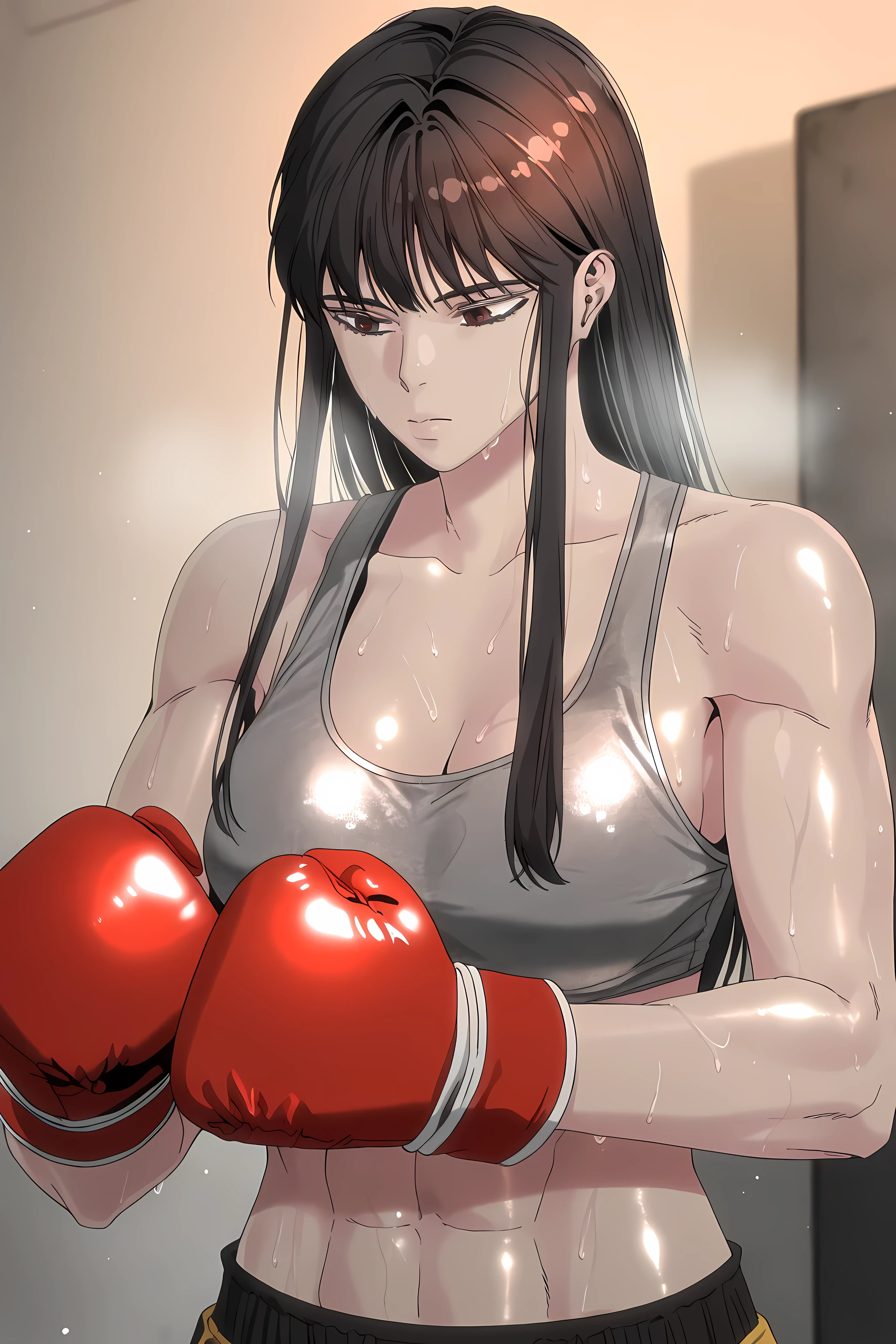 1girl, solo, young mature, ihwa, long hair, red eyes, black hair, ringed eyes, sidelocks, (ringed eyes:0.8), medium breast, toned female, abs, shiny body, sports bra, boxing gloves, sweating