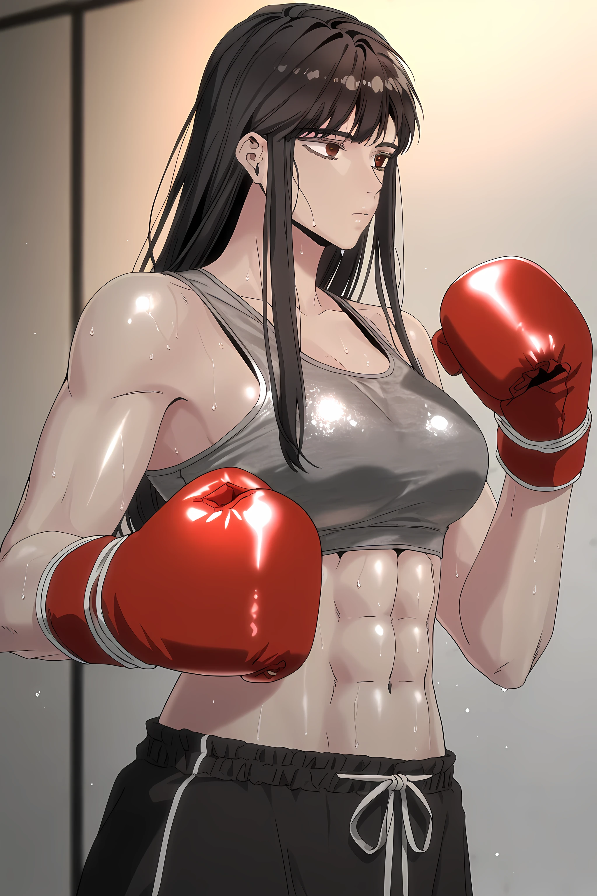 1girl, solo, young mature, ihwa, long hair, red eyes, black hair, ringed eyes, sidelocks, (ringed eyes:0.8), medium , toned female, abs, shiny body, sports bra, boxing gloves, sweating
