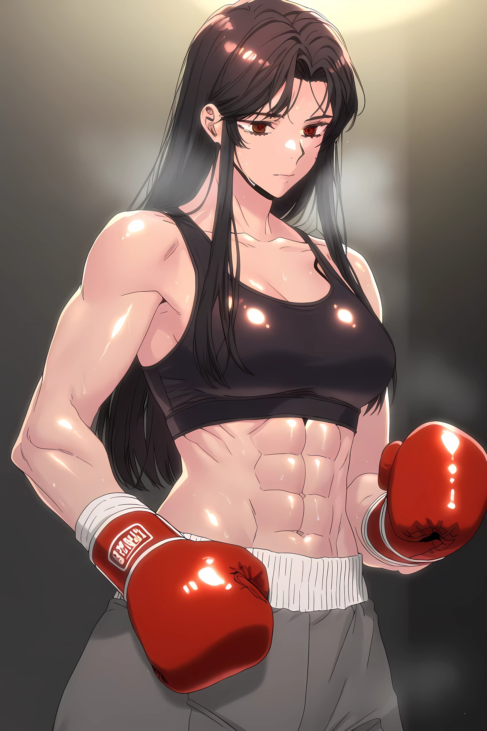 1girl, solo, young mature, ihwa, long hair, red eyes, black hair, ringed eyes, sidelocks, (ringed eyes:0.8), medium breast, toned female, abs, shiny body, sports bra, boxing gloves, sweating