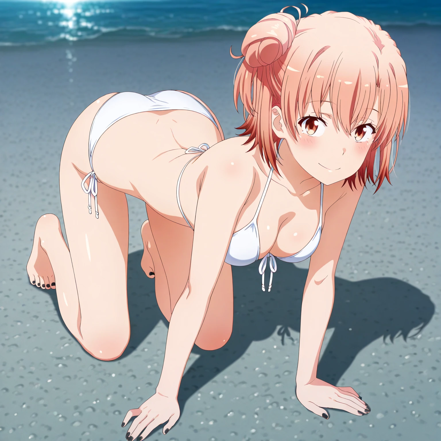 score_9, score_8_up, score_7_up, source_anime, anime screencap,
BREAK
<lora:shiHelloV1:0.9>, 1girl, solo, shiyui, short hair, brown eyes, pink hair, single hair bun, hairclip, bikini, string bikini, straw hat, white sarong, see-through, bare shoulders, shoulder blades,
frills, criss-cross halter,
scenery, outdoors,
looking at viewer, blush, soles, feet up, from behind, ass, ass focus, cameltoe, on stomach,