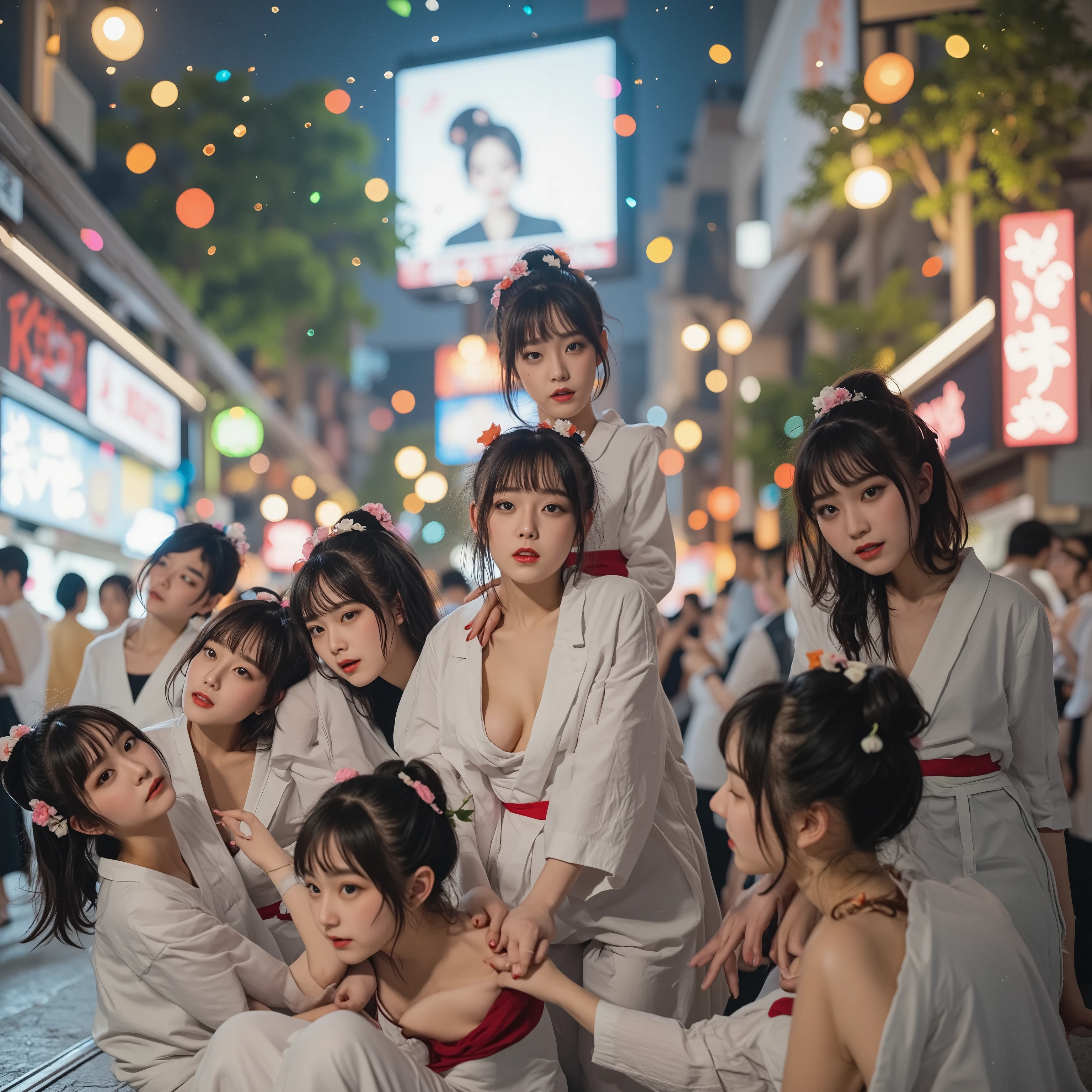 Exposed Nudie Cleavage, 8K UltraDetailed Live-Action, ExtremelyDetailed Professional Photography of KAWAII FUNDOSHI Girls at HAKATA GION YAMAKASA, (Backwards:0.582) FullBody from below, MagicHour Miracle, Ethereal and Haunting, [Numerous Colorful Light Particles], Super-Detailed Textures,   White Loincloth made by twisting white cloth (((ClearlyVisible Shapely Butt))), White KARATE-Jacket and Red OBI-Belt, Zouri, Chignon, Flowers, LifeLikeRendering, Acutance, Detailed NOGIZAKA Face variations, Exterm Angle,