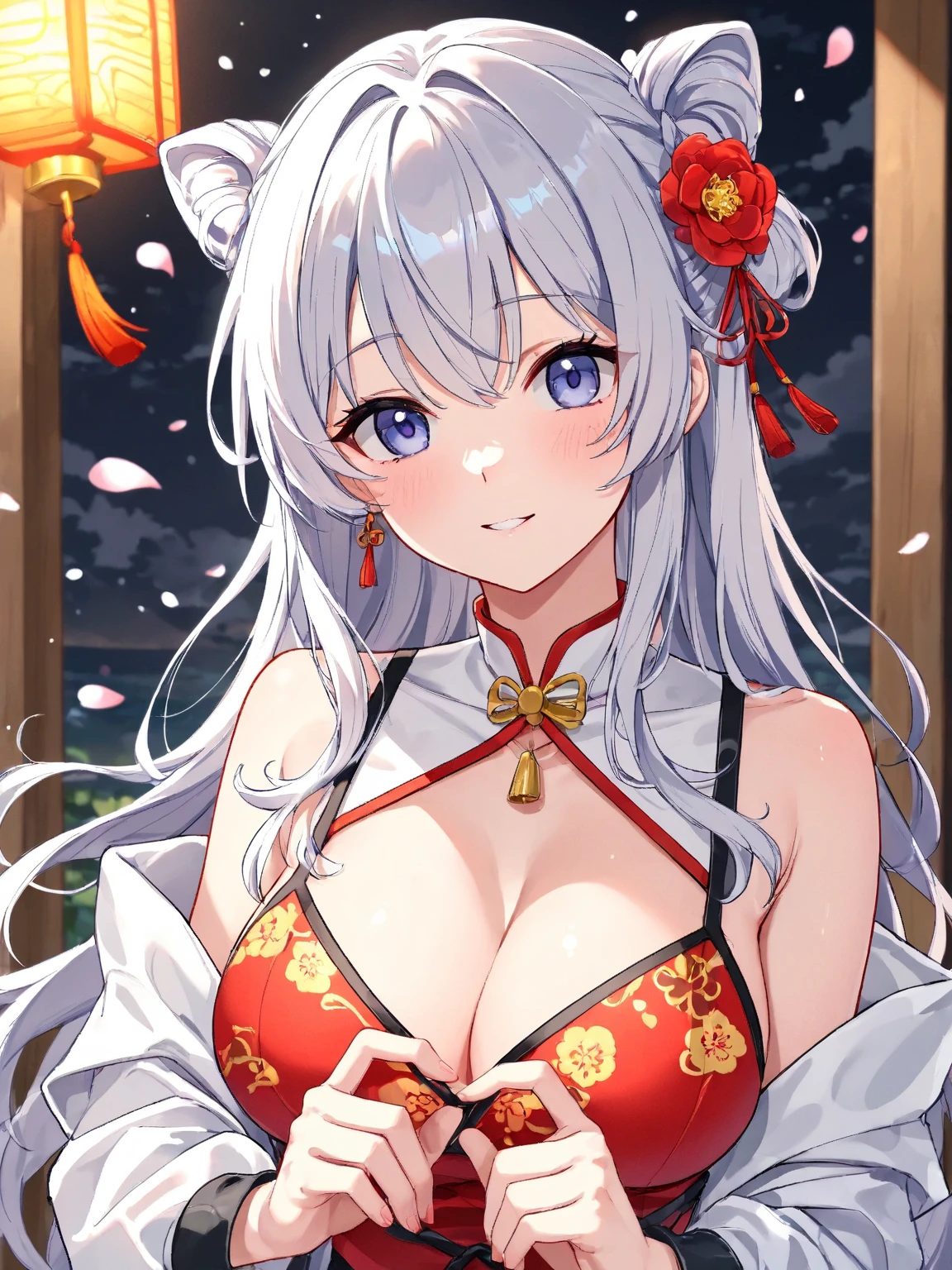 ((One personの女性)), Beautiful Face,Laughing embarrassedly,((Wink:1.9)),Laugh with your mouth wide open, ((Bright red cheeks:1.4)),Glossy red lips,night,rooftop,Festive decorations,You can see the ocean, firework,Lighting on the face,((Anime style background)),masterpiece, Highest quality, so beautiful,Latest, Complex details, (Pink long nails),(ring),(bracelet),(Golden choker),AI-generated, Complex,High resolution, Highest quality, super high quality,3D Images、looking outside、3D Images,One person,Long white hair,High Ponytail,(blue eyes),Anime woman posing for a photo, ((Fine grain、Silvery white colorful eyes、Shining Eyes:1.4)),(Squint your eyes:1.1),a hyperRealistic , hyperRealistic , Realistic,Anime woman with long and white hair, Smooth anime CG art, A woman in a colorful kimono with gold embroidery, (Black long sleeve kimono),Red floral pattern,Long flower hair ornament,Big earrings,Mature Body,(Big Breasts:1.1),Tall,Abdominal muscles,Narrow waist,(Zoom in on face:1.8),Photographed from the front