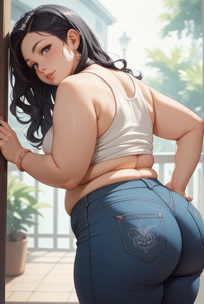 24-year-old Caucasian Spanish woman who is taking a selfie in front of the mirror with a side angle raising her butt, she is dressed in a tank top of various colors and tight black butt-lifting shorts, the photos must be as as real as possible without any type of deformation and taking care of every detail in the woman's body, hyperrealistic images with the highest possible resolution, she has a beautiful body with big breasts and a big round ass