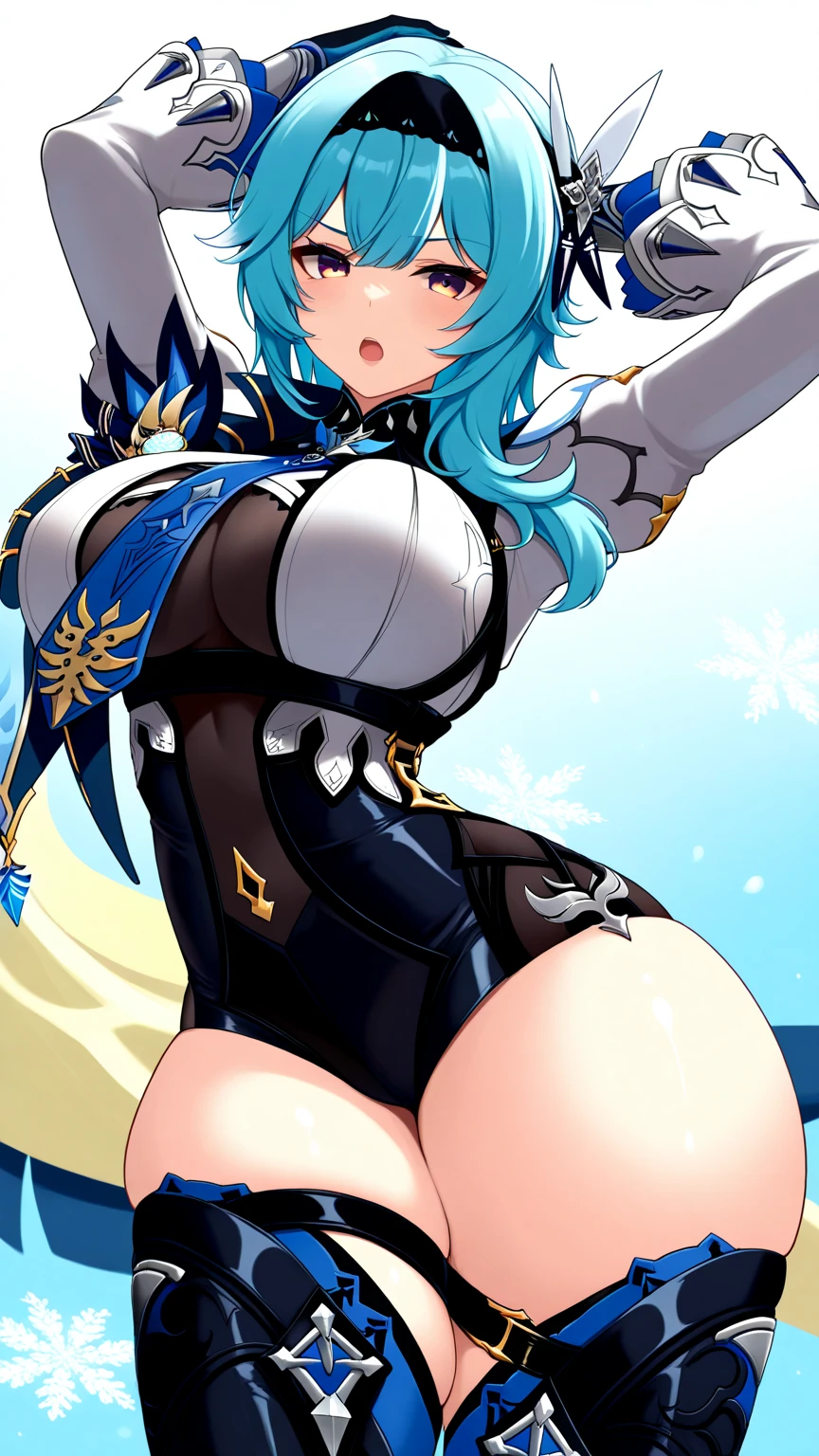 masterpiece, best quality, very aesthetic, absurdres, newest, 1girl, solo,standing_split, 
eula_(genshin_impact), genshin_impact, 1girl, belt, black_gloves, black_hairband, black_leotard, black_thighhighs, blue_cape, blue_hair, ???????, brown_eyes, cape, gloves, hair_ornament, hairband, large_???????, leotard, long_sleeves,medium_hair, necktie, shirt, sidelocks, thighhighs, thighs, underbust,white_shirt,surrounding by flowers,falling_petals, outdoors, petals,