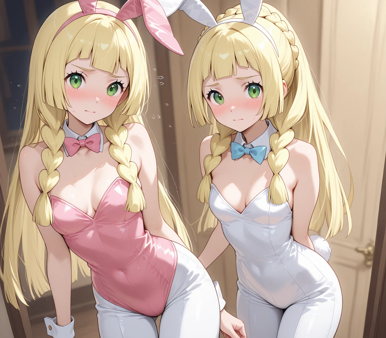 Twins, Big round breasts, trendy, stylish, clevage, thighs, hips, realistic, blonde hair, light green eyes, lip gloss, detailed face, amazing big eyes, eye details, big lips, eyebrow details, pink pyjamas, blush, confident, dominant, , smirk, naughty, mischevious face, HD, good quality, close up, face, only

 