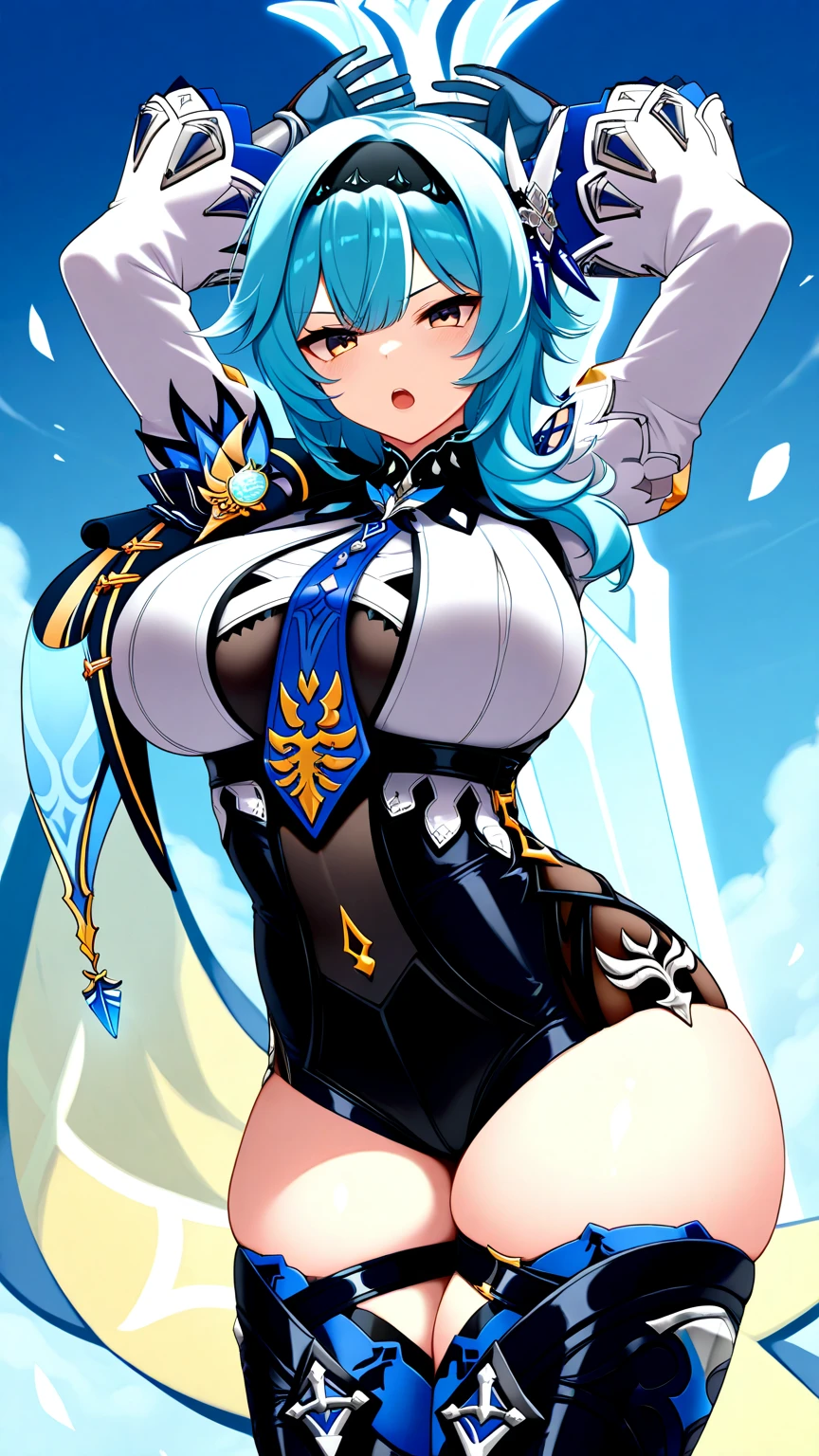 (high detailed)) 27 yo's woman, light cyan hair, green Pandora's clothes,big And round breasts, gorgeous thicc plump body,angry expression,furious eyes,Green satellizer's outfit,Very long skirt, holding handblade, dynamic pose, action position, mouth opended, perfect 