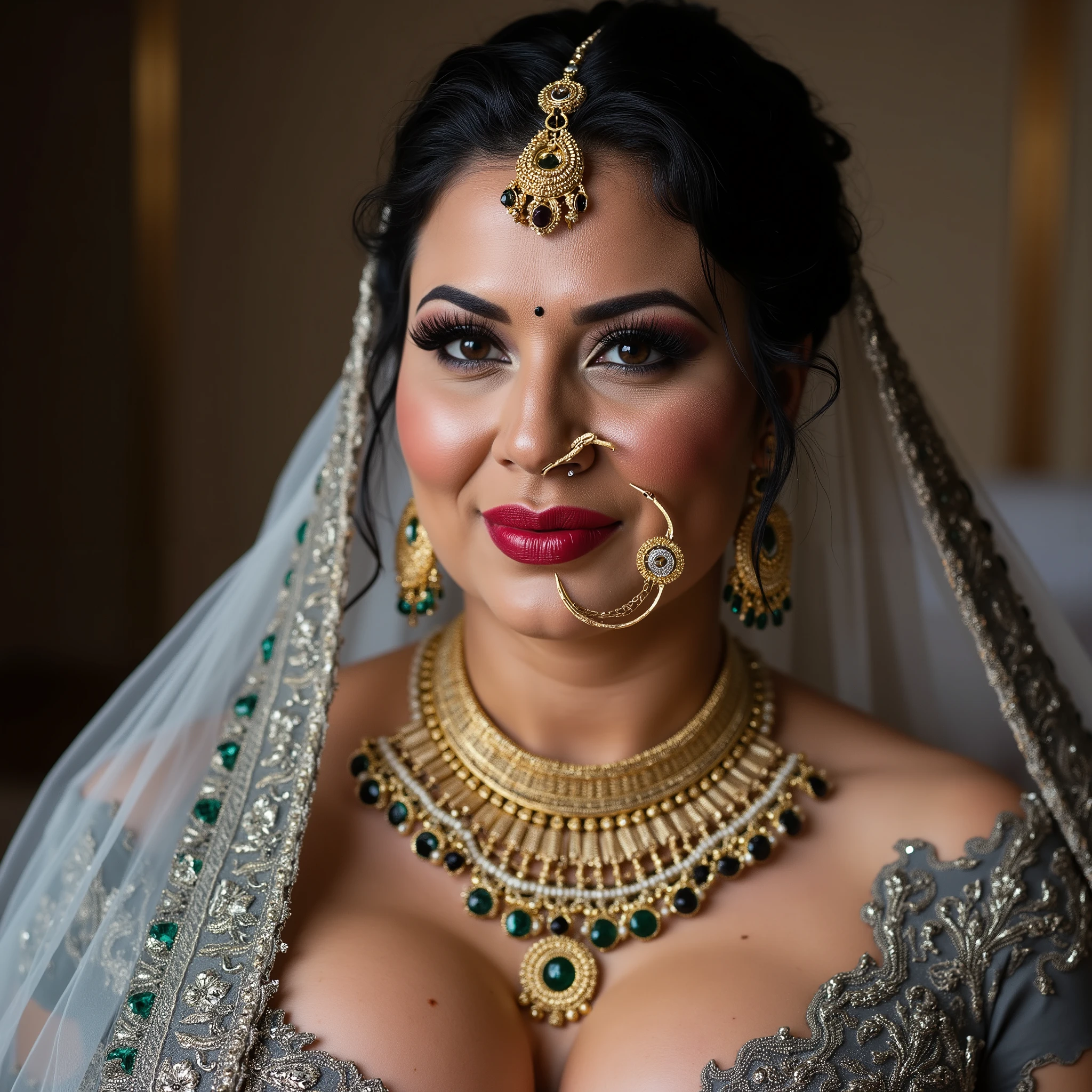 nose pin . full body closeup bridal photoshoot. A chubby thick mature old loose skin long thick like medusa .60 years old. indian bride standing posing .wearing knee high grey leather detailed patterned pencil very high heels boots . standing legs wide apart and open . camletoe visible and grey heavy embroidered hand worked patterned velvet deep cleavage Bra minimum coverage thin string bra. and grey heavy embroidered patterned velvet hand worked grey mini indian lehenga .most thighs visible exposed. thick stocky thighs . thick inner thighs. Huge nose rin and a white sheer/ transparent chunri (veil) from head touching floor. wearing heavy makeup. heavy deep red lipstick . heavy black eye shadow. heavy black mascara. huge round nose ring bridal indian 'nath' huge hoop earrings. heavy gold jewelry in neck. gold jewelry on thighs on wrist bangles .jewelry on forearms and biceps. heavy henna mehendi on hands. huge long fake eyelashes, huge fake brown nails. mangteeka on forehead. navel piercing. shy look on face. hd 8k realistic image. non nude . non nsfw image. huge indian nose ring (nath) or (nathooni). standing pose.