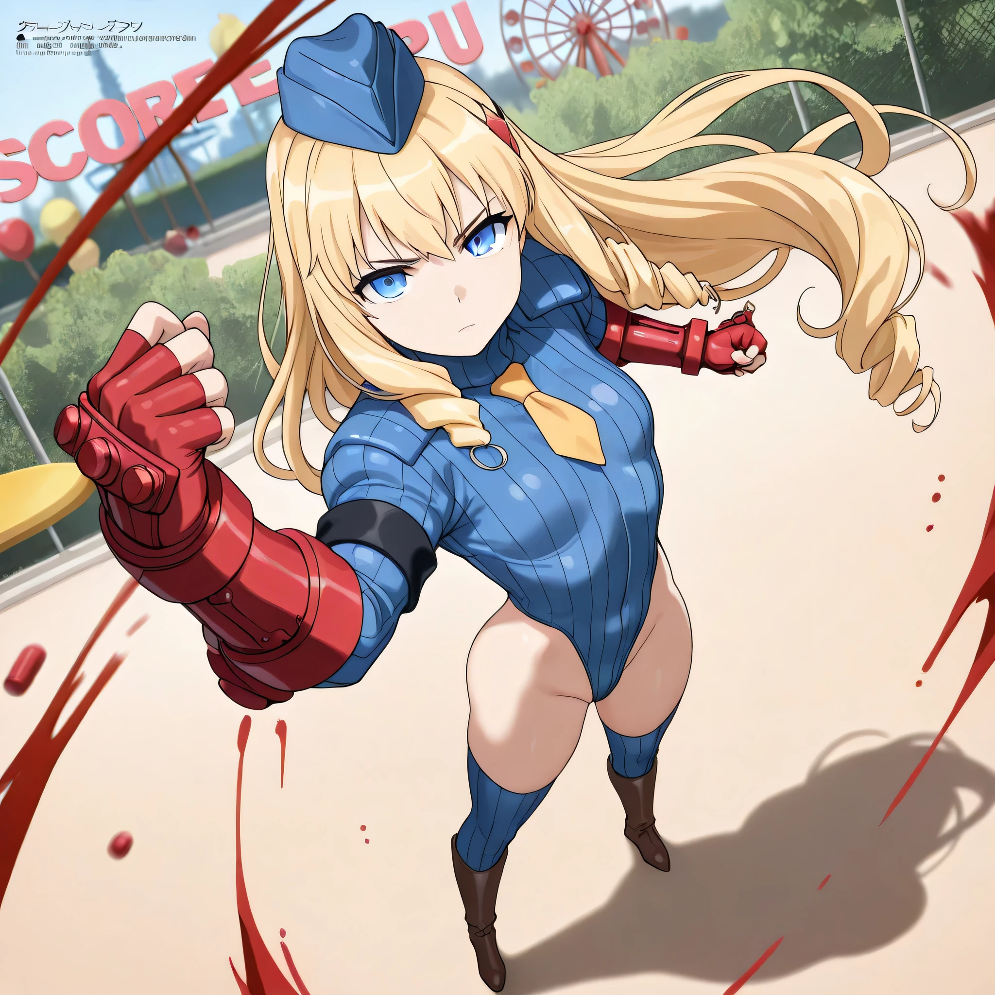 (((Masterpiece))), (((Best Quality))), ((Super Detail)), ultra-High resolution, score_9,score_8_up,score_7_up,score_6_up,score_5_up,score_4_up, BREAK, source_anime, anime screencap, uncensored, Masterpiece, (best shadow), (absurdres), (detailed background), (very aesthetic), shiny, detailed beautiful eyes, outstanding, countershading, detailed soft lighting, an exquisite animation illustration, curvy, shadaloo dolls, red gloves, hat, fingerless gloves, gauntlet, red gauntlet, leotard, cosplay, highleg, highleg leotard, garrison cap, dark persona, ribbed leotard, yellow necktie, (((solo, 1girl))), hair ornament, seductive pose, submissive pose, anime style, anime coloring, animification, megami magazine, sexy pose, dynamic angle, cinematic angle, dutch angle, dynamic composition, small breast, drill hair, blonde hair, blue eyes, very long hair, long hair, LatifaDress, tiara, full body, looking from above, view from above, from above, blood splatter, gore, theme park, amusement park, fighting, fighting stance, dynamic pose, action pose, standing, speed line, motion line, foreshortening, attacking, serious, serious expression