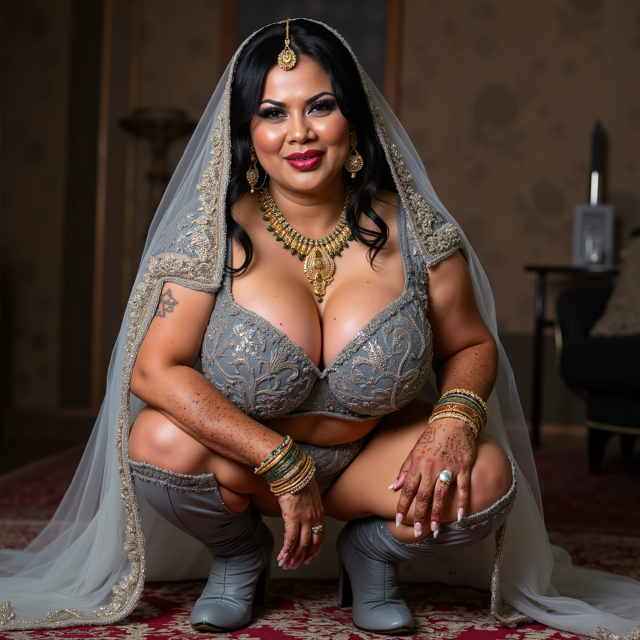 nose pin . full body closeup bridal photoshoot. A chubby thick mature old loose skin long thick  like medusa .60 years old. indian bride squat posing  .wearing knee high grey leather detailed patterned pencil very high heels boots . standing legs wide apart and open . camletoe visible and grey heavy embroidered hand worked patterned velvet deep cleavage Bra minimum coverage thin string bra. and grey heavy embroidered patterned velvet hand worked grey mini indian lehenga .most thighs visible exposed. thick stocky thighs . thick inner thighs. Huge nose rin and a white sheer/ transparent chunri (veil) from head touching floor. wearing heavy makeup. heavy deep red lipstick . heavy black eye shadow. heavy black mascara. huge round nose ring bridal indian 'nath' huge hoop earrings. heavy gold jewelry in neck. gold jewelry on thighs on wrist bangles .jewelry on forearms and biceps. heavy henna mehendi on hands. huge long fake eyelashes, huge fake brown nails.  mangteeka on forehead. navel piercing. shy look on face. hd 8k realistic image. non nude . non nsfw image. huge indian nose ring (nath) or (nathooni). standing pose. squat pose legs very wide open .  very thick chubby stocky thighs.