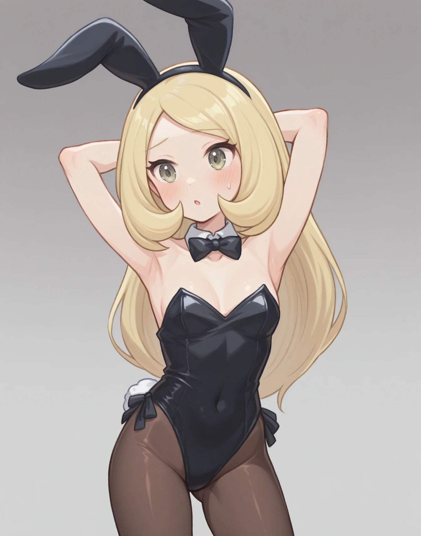 1girl, solo, straight hair, blonde hair, long hair, blue eyes, playboy bunny, large breasts, blue bunny suit, wide hips, smile, looking at viewer