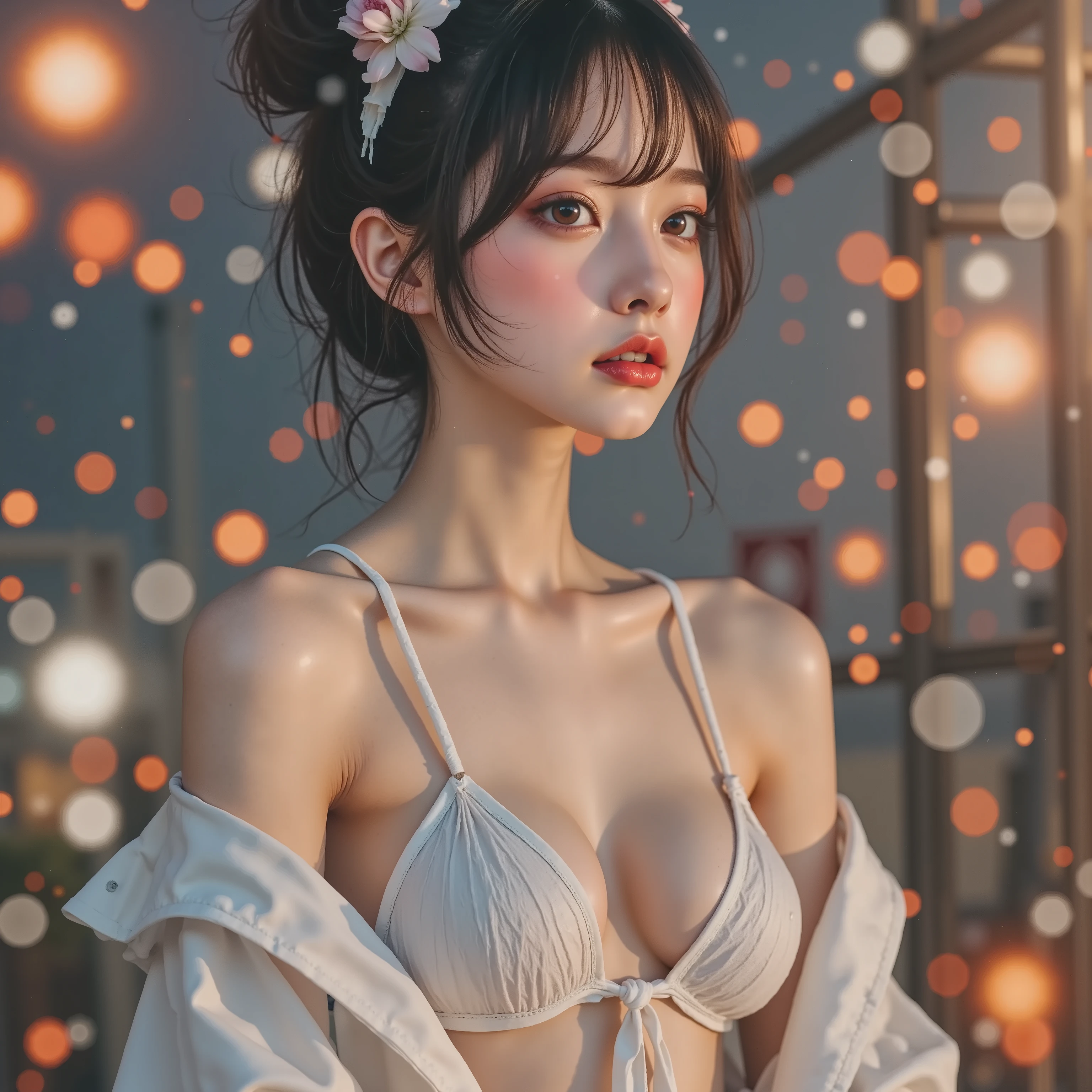 Exposed Nudie Cleavage, 8K UltraDetailed Live-Action, ExtremelyDetailed Professional Photography of KAWAII FUNDOSHI Girls at HAKATA GION YAMAKASA, (Backwards:0.582) FullBody from below, MagicHour Miracle, Ethereal and Haunting, [Numerous Colorful Light Particles], Super-Detailed Textures,   White Loincloth made by twisting white cloth (((ClearlyVisible Shapely Butt))), White KARATE-Jacket and Red OBI-Belt, Zouri, Chignon, Flowers, LifeLikeRendering, Acutance, Detailed NOGIZAKA Face variations, Exterm Angle,