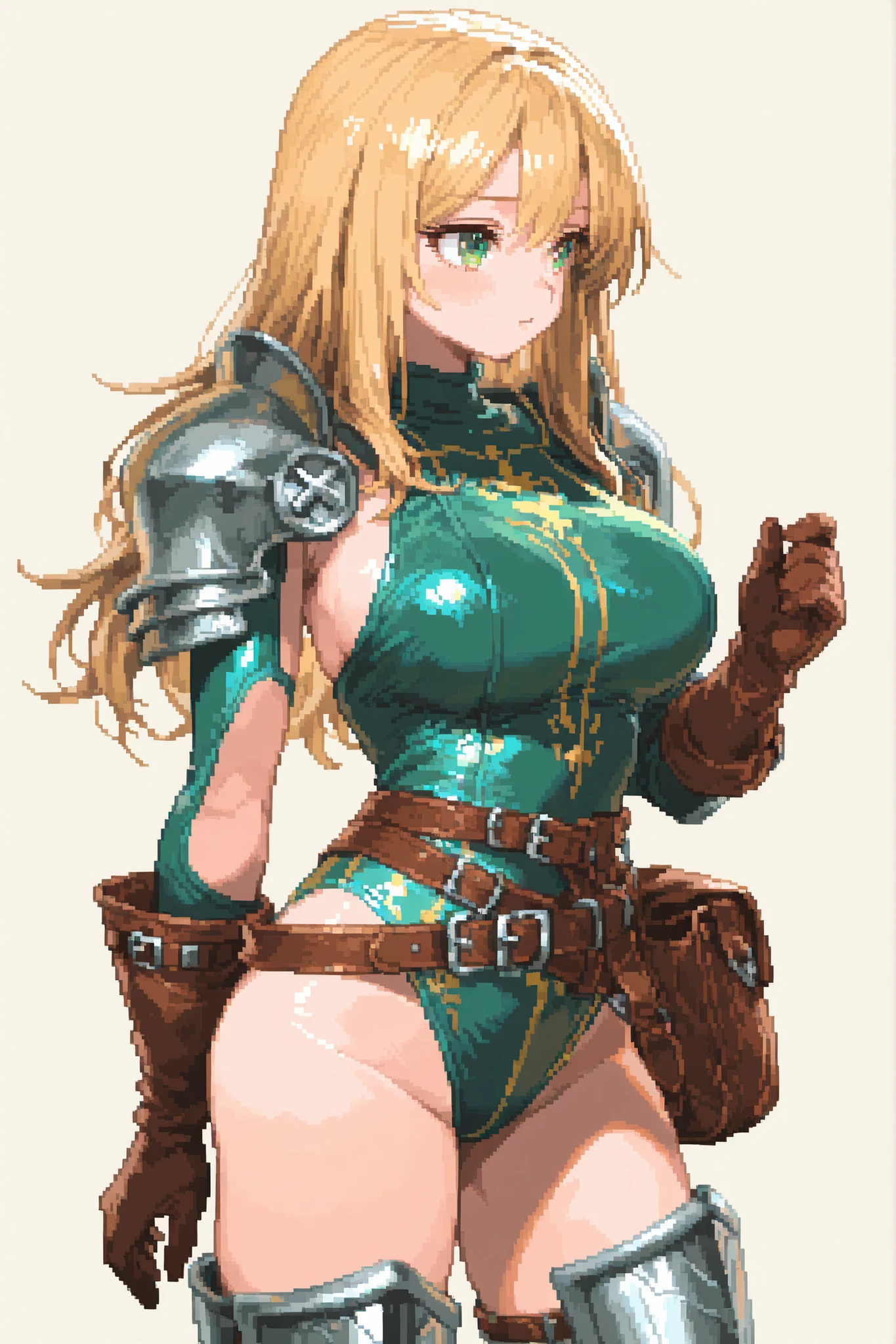 girl, simple background, blonde hair, long hair, green eyes, large breasts, fantasy green leotard white details, metal greaves, metal pauldrons, multiple belts, satchel, leather gloves
