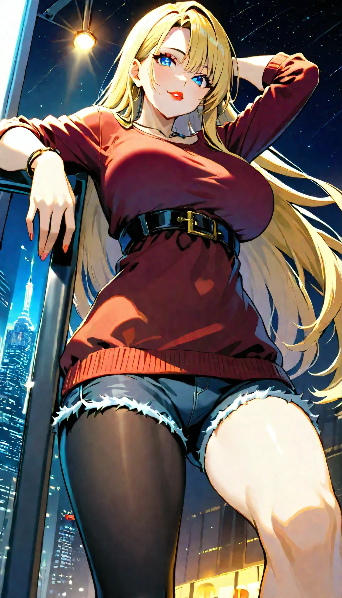 (RAW Photo), Absurd Resolution, Hyperrealism, Photorealism, Maximum Quality, 16k, Masterpiece, Ultra Detailed) (beautiful girl, 21 years old), (sharp pupil, blue eye), (blonde hair and white extensions, pale), (made-up, red lips), (woman wearing shorts and a top, thin fabric), (beautiful abdomen, beautiful perfect legs), (background: street of a spectacular city), volumetric lighting, (Photographic Perspective). «SunPuma S»