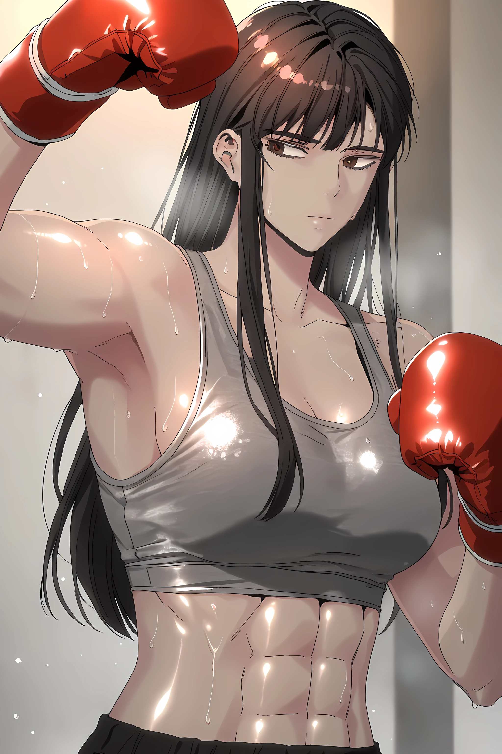 1girl, solo, young mature, ihwa, long hair, red eyes, black hair, ringed eyes, sidelocks, (ringed eyes:0.8), medium breast, toned female, abs, shiny body, sports bra, boxing gloves, sweating, armpit