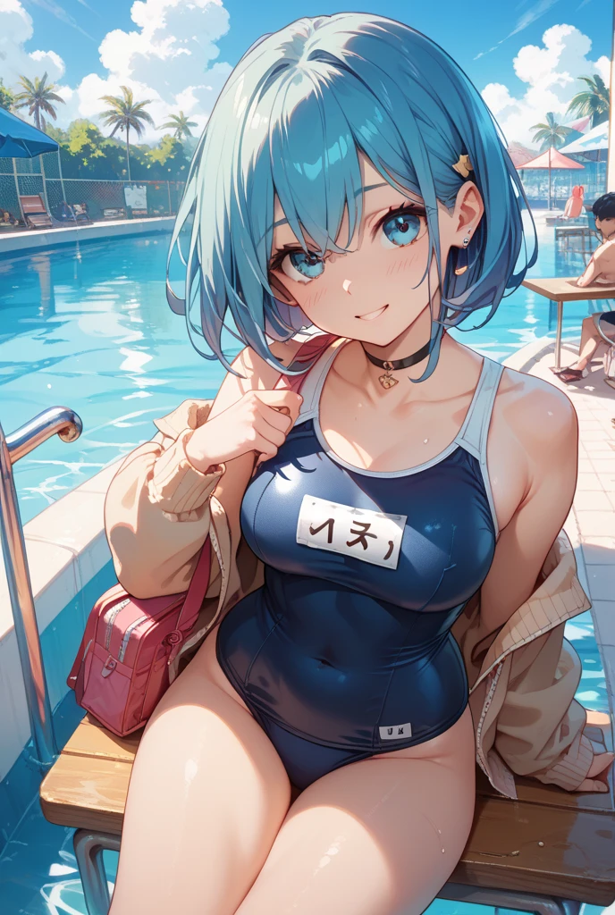 (Unity 16K Wallpaper, masutepiece, Best Quality, Ultra-detailed, extremely details CG, Caustics, Cinematic lighting, Detailed, Beautiful detailed eyes, Solo,Pool side),Ultra High Resolution, Fine skin、A sexy,NSFW,(School Swimsuit:1.3), small 、14 years old、Blue eyes、blue hairs、Perm Hair, blush, angry,Sitting,  wide, a pixie cut、The whole body is drenched、The whole body is soaking wet、Small School Swimwear、excessive cum、cum on body、cum on clothes、cumdrip、cum on breasts、female 