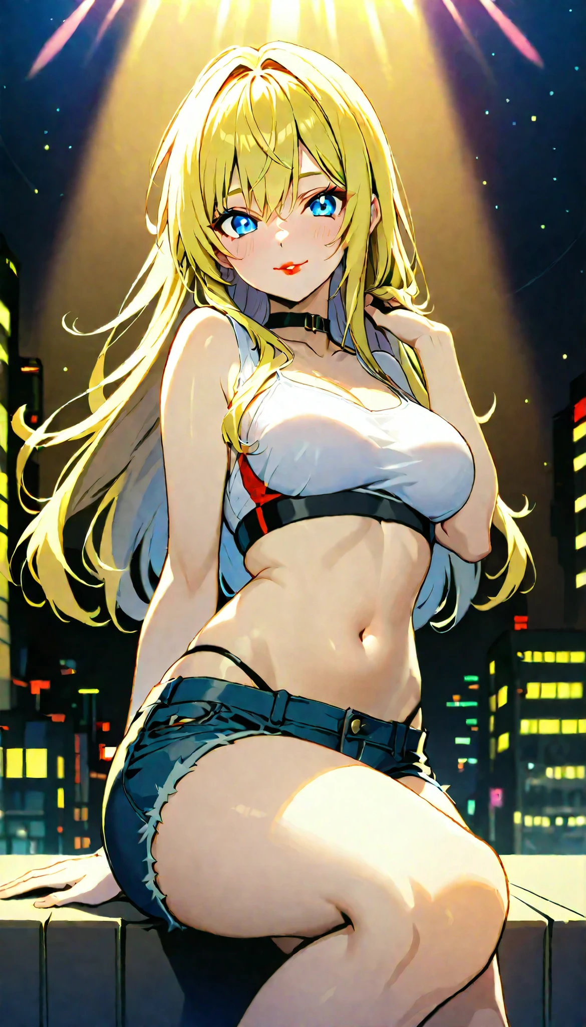 (RAW Photo), Absurd Resolution, Hyperrealism, Photorealism, Maximum Quality, 16k, Masterpiece, Ultra Detailed) (beautiful girl, 21 years old), (sharp pupil, blue eye), (blonde hair and white extensions, pale), (made-up, red lips), (woman wearing shorts and a top, thin fabric), (beautiful abdomen, beautiful perfect legs), (background: street of a spectacular city), volumetric lighting, (Photographic Perspective). «SunPuma S»