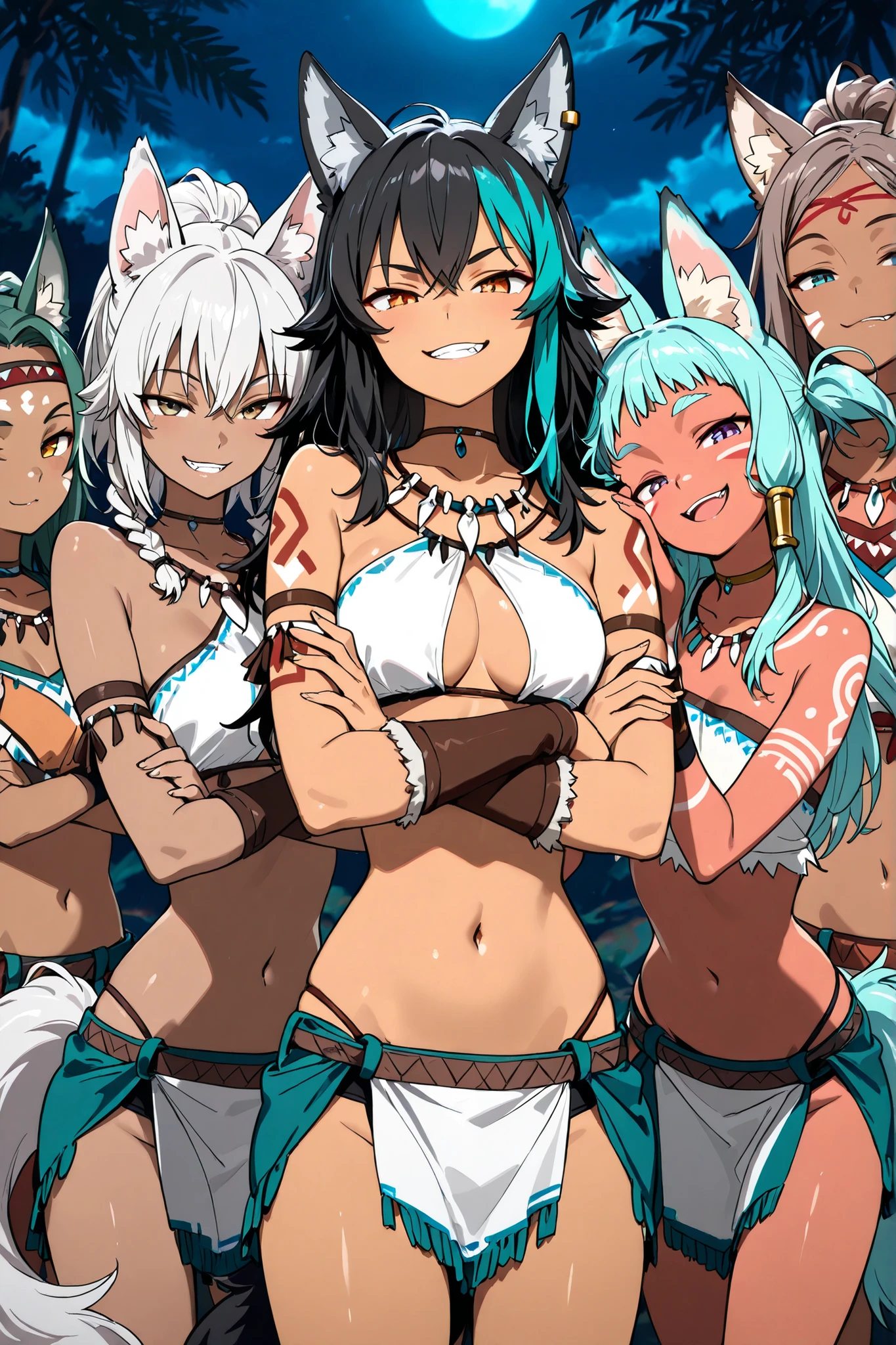 (masterpiece, best quality:1.2), very detailed, anime coloring, 4 girls, tribal girls, tribal outfit, arrogant, teasing girls, wolf ears , wolf tails, grins,arms crossed, playful glare at the viewer, different Hairstyles, different hair colors .At night.