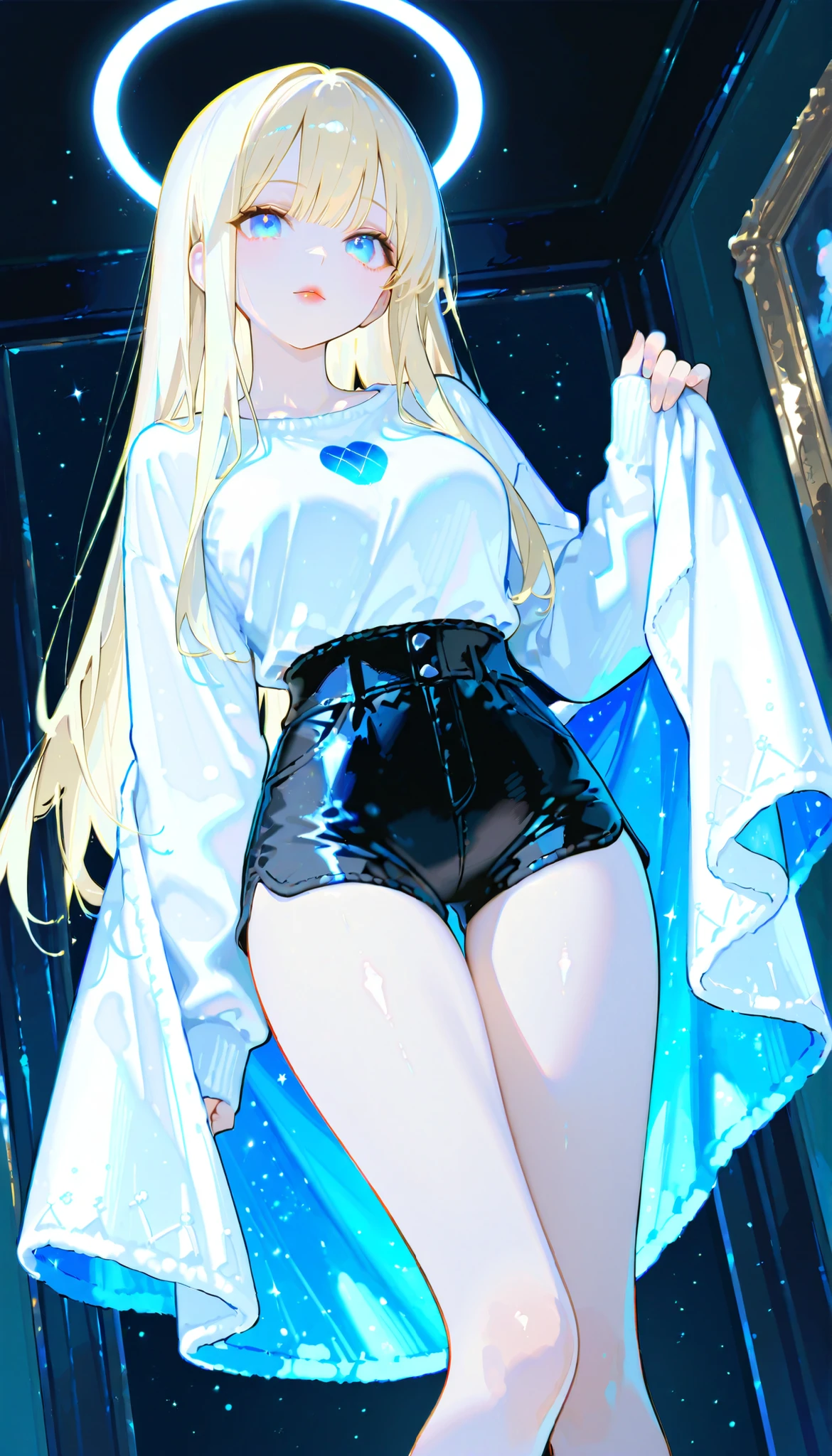 (RAW Photo), Absurd Resolution, Hyperrealism, Photorealism, Maximum Quality, 16k, Masterpiece, Ultra Detailed) (beautiful girl, 21 years old), (sharp pupil, blue eye), (blonde hair and white extensions, pale), (made-up, red lips), (woman wearing shorts and a top, thin fabric), (beautiful abdomen, beautiful perfect legs), (background: street of a spectacular city), volumetric lighting, (Photographic Perspective). «SunPuma S»