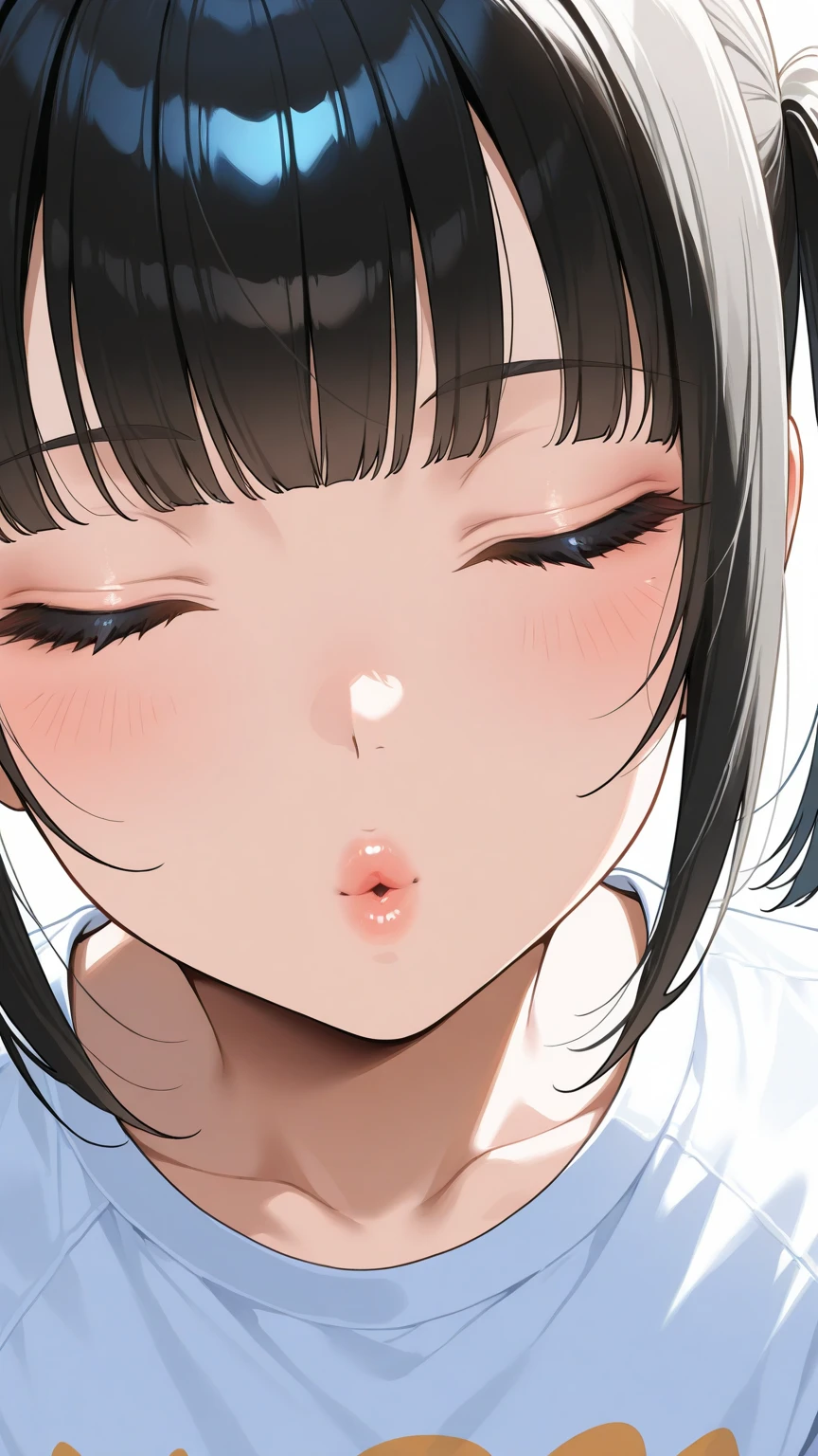 ,1 girl,Solo,hair,(black hair:1),uvula,portrait,masterpiece, best quality, very aesthetic, absurdres,looking at viewer,split,(Black clothing),pov,open mouth,White Breath,shiny,gloss,heavy_breathing,pull,Sweaty clothes,face on 