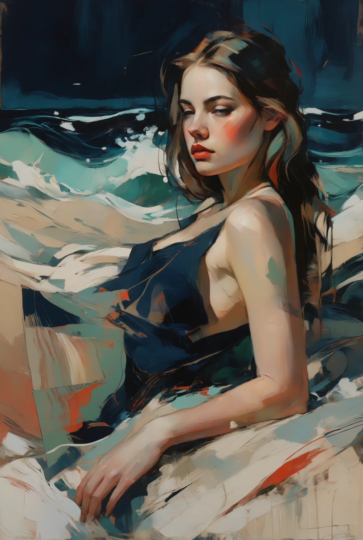Create a portrait of a young woman in a semi-reclining pose with a pensive expression. Use a painterly style inspired by Malcolm Liepke, characterized by expressive brushstrokes and rich texture. Nautical color palette — deep navy blues, seafoam greens, sandy beiges, and hints of coral red — evoking ocean waves and coastal energy. Pollock-style splashes and drips flow like tides, merging sensual grace with maritime calm. Elegant, modern, and mesmerizing.. The background should consist of abstract, textured layers in complementary colors, blending seamlessly with the figure. Pay attention to the contrast between the smooth, detailed rendering of the face and the rough, textured application of paint in the surrounding areas. Capture the delicate balance of vulnerability and strength in the subject's gaze and posture. The overall mood is contemplative and introspective, as the person appears to be pondering something deeply within this abstract, almost otherworldly setting.