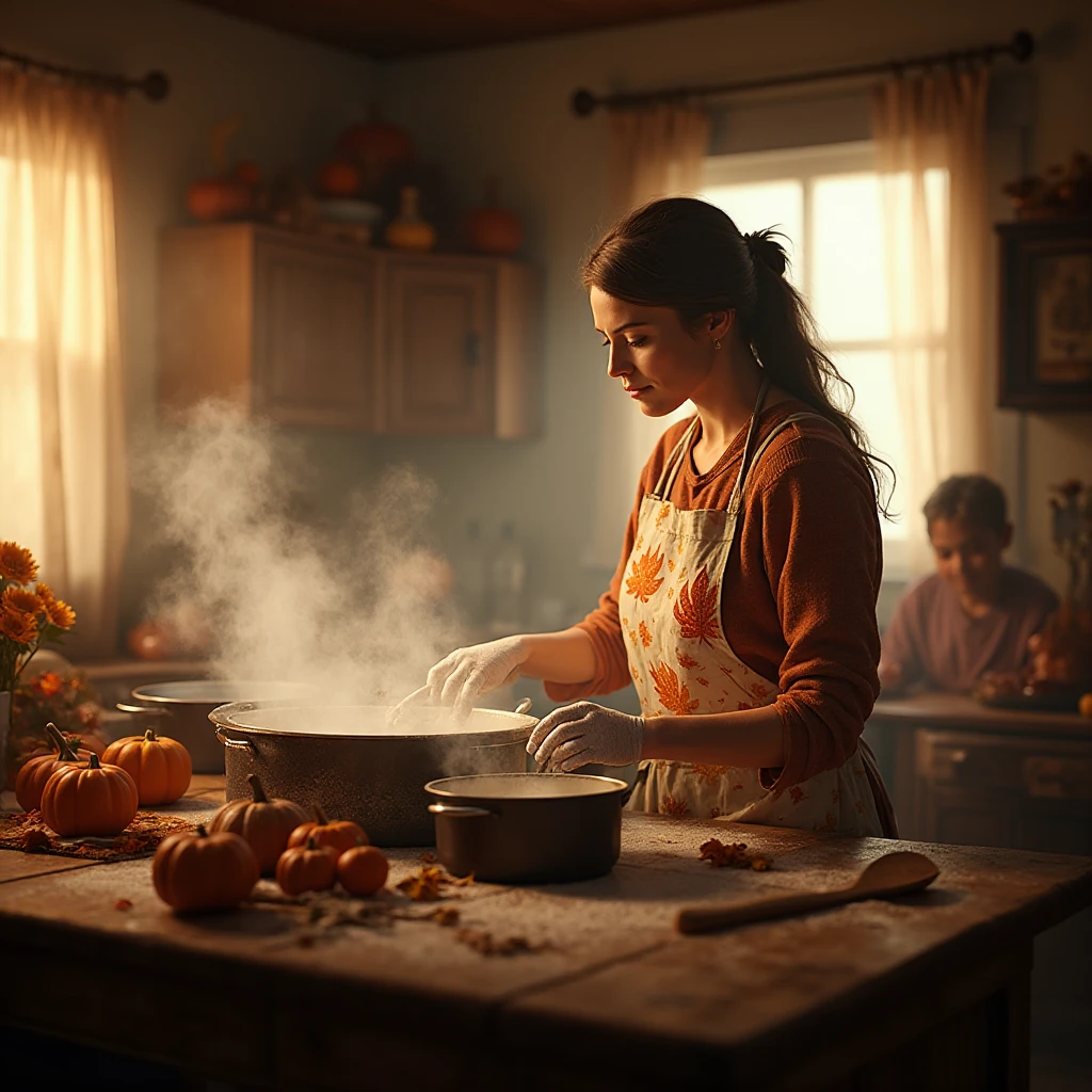 A devoted mother in a cozy farmhouse kitchen on Thanksgiving morning, bathed in warm golden light streaming through curtained windows, wearing an apron with autumn leaf patterns, expertly preparing the traditional feast with flour-dusted hands, steam rising from multiple pots, surrounded by pumpkins and gourds decorating the rustic wooden countertops, her expression showing both concentration and joy, children peeking around the doorway in anticipation, photorealistic, emotional depth, nostalgic autumn atmosphere, 8k detail